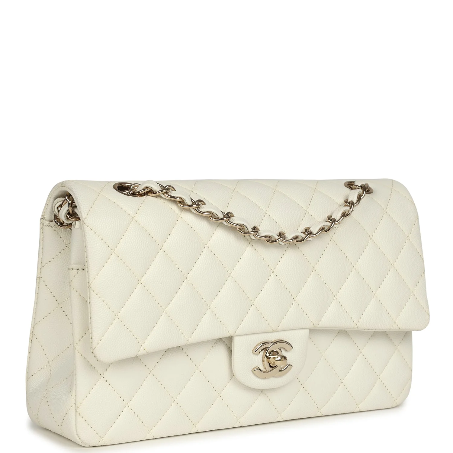 Pre-owned Chanel Medium Classic Double Flap White Caviar Light Gold Hardware