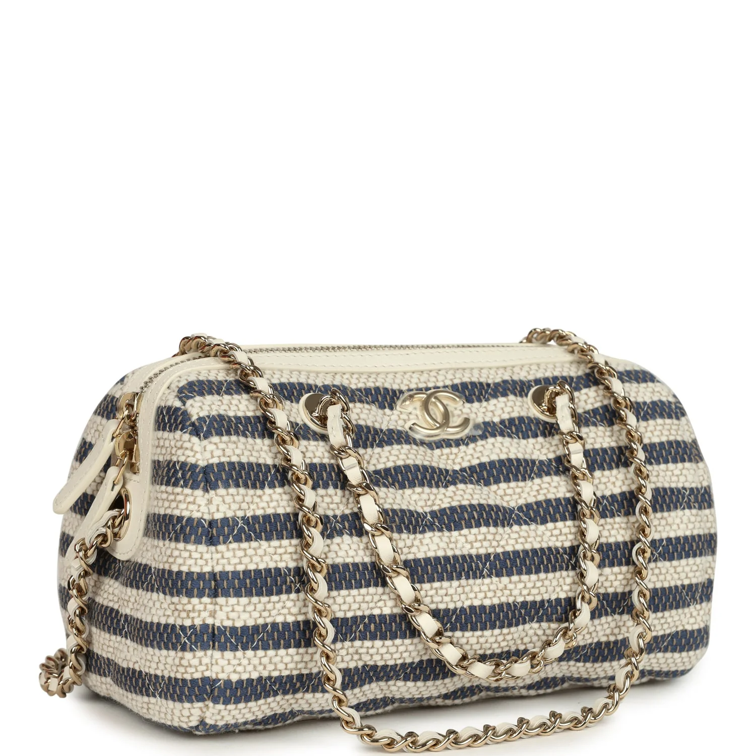 Chanel Mini Timeless Classic Barrel Bag with Chain Light Beige and Dark Blue Striped Woven Fabric Light Gold Hardware