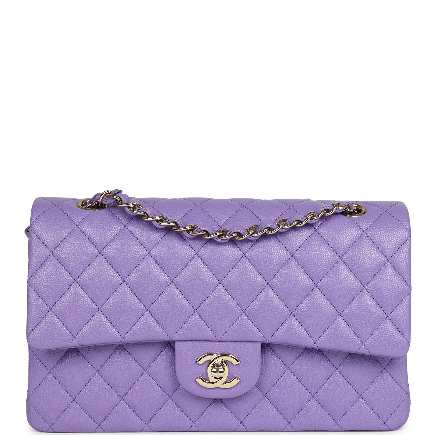 Chanel Medium Classic Double Flap Bag Purple Shiny Caviar Light Gold Hardware