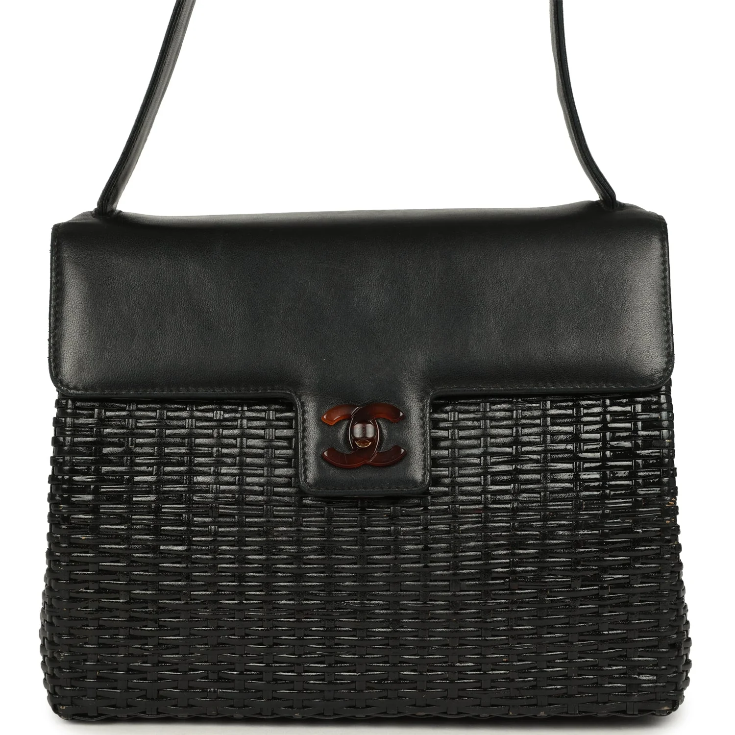 Vintage Chanel Wicker Basket Bag Black Lambskin and Rattan Bakelite Hardware