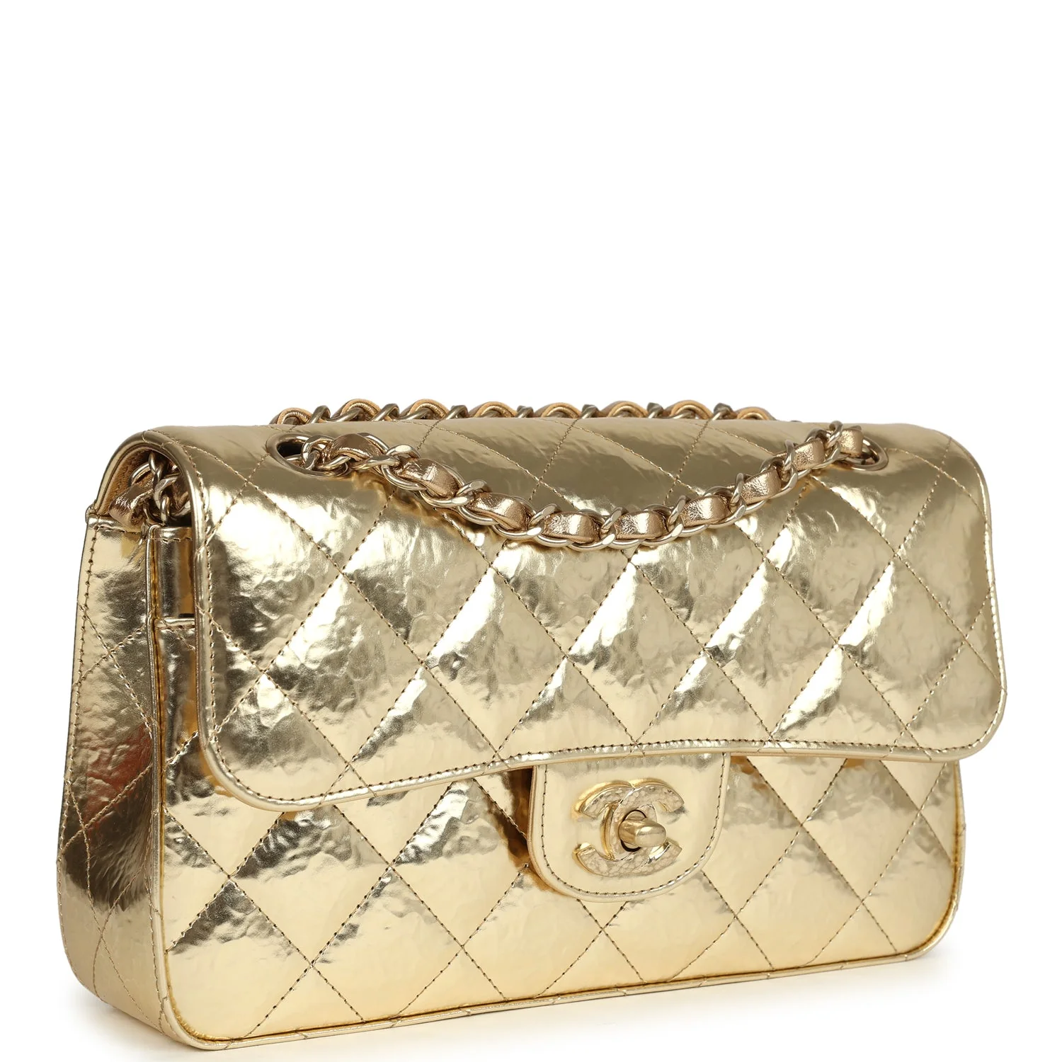 Chanel Small Classic Double Flap Gold Hammered Metallic Calfskin Brushed Gold Hardware
