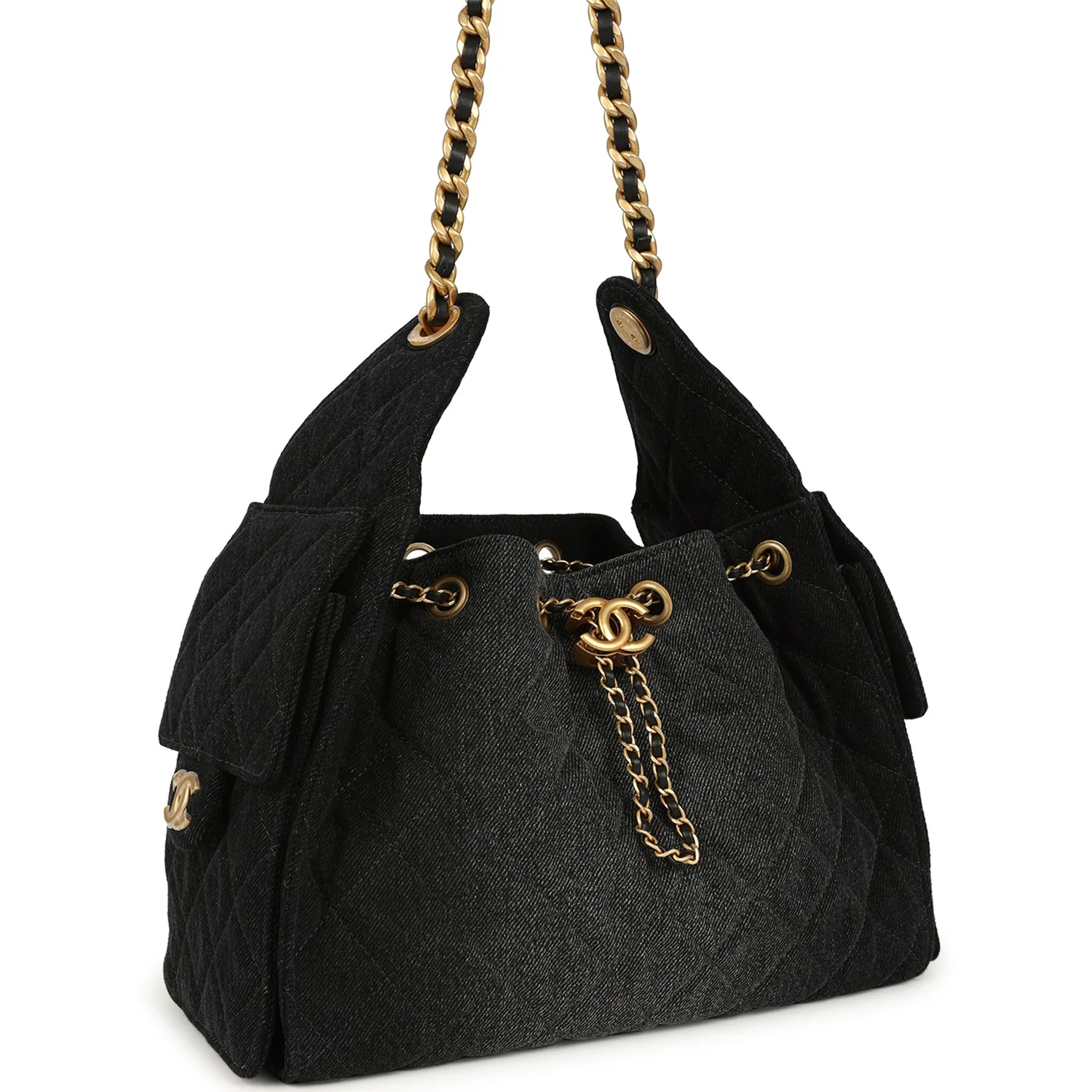 Chanel Small 25 Hobo Bag Black Washed Denim Antique Gold Hardware