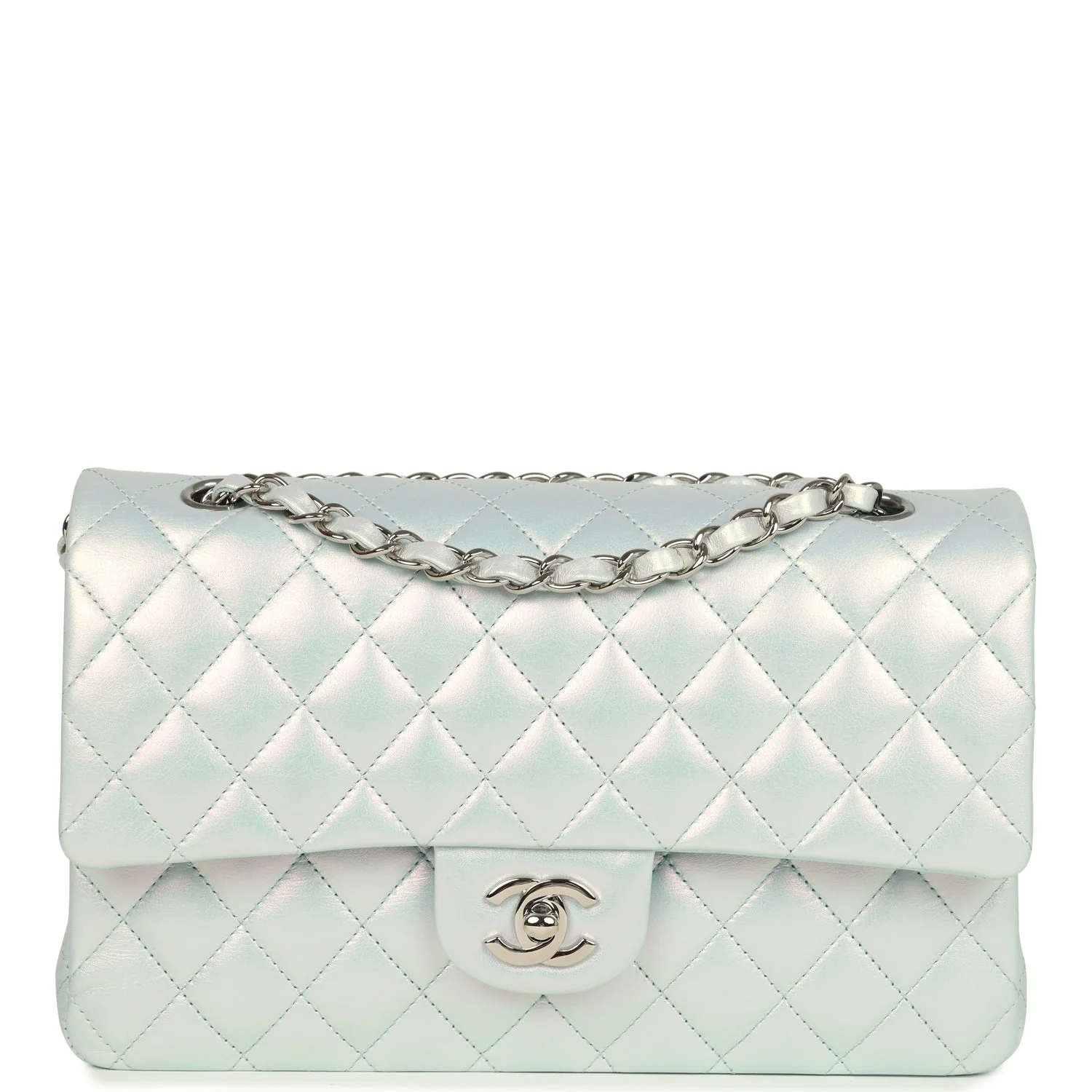 Pre-owned Chanel Medium Classic Double Flap Bag Light Blue Iridescent Calfskin Silver Hardware