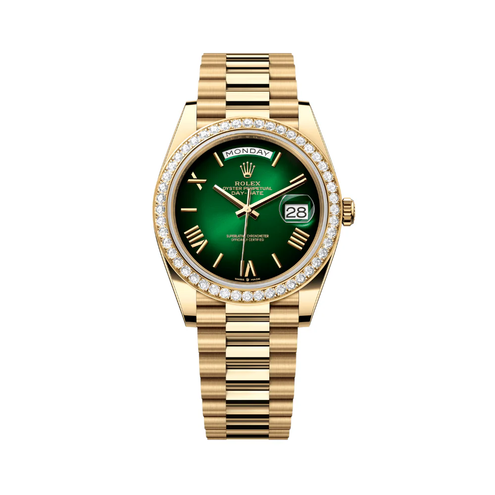 Rolex Day-Date 40 228348RBR Yellow Gold Green Ombre Roman Numeral Dial Diamond Bezel (2024)