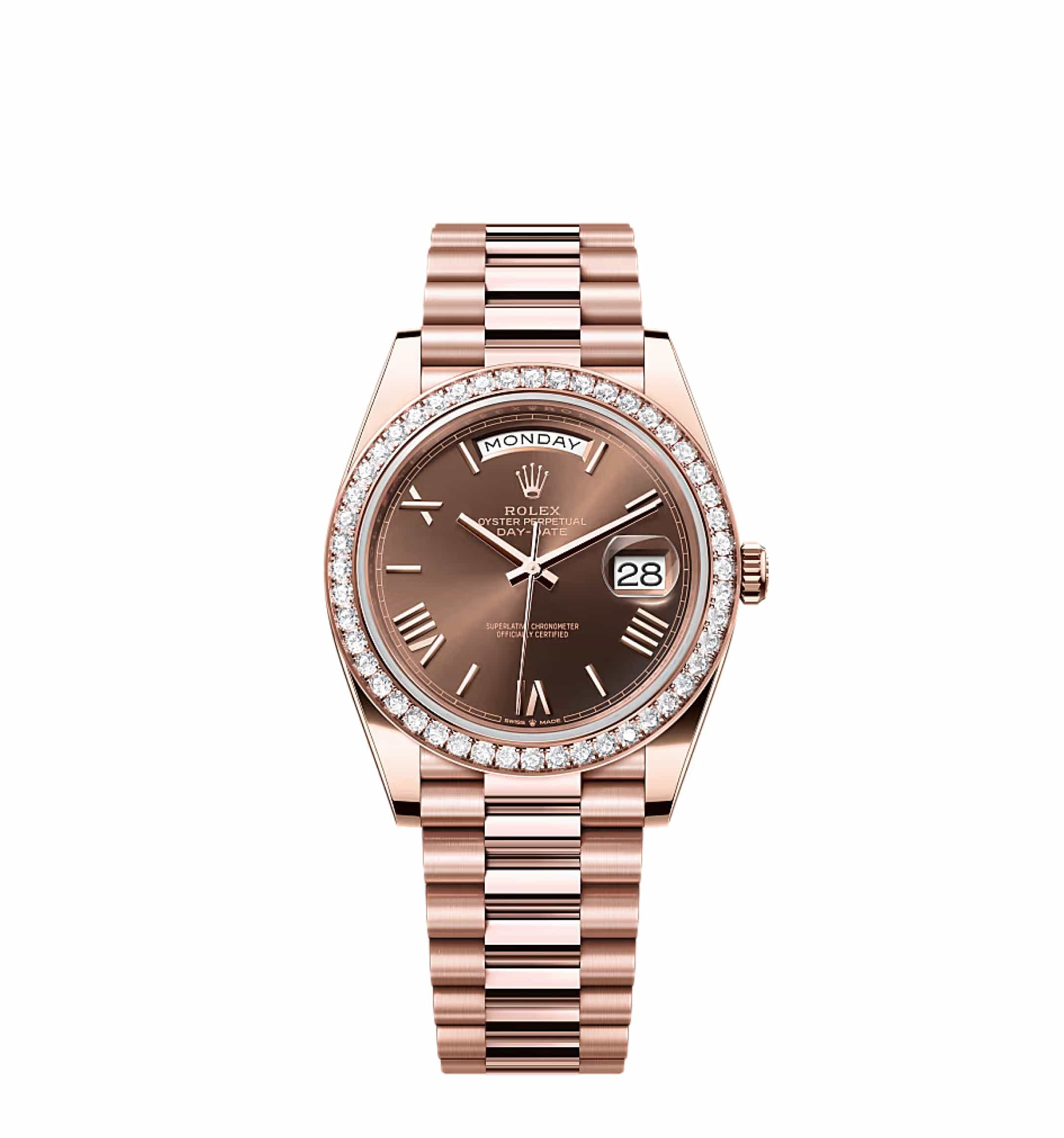 Rolex Day-Date 40 228235 Rose Gold Chocolate Roman Dial Diamond Bezel