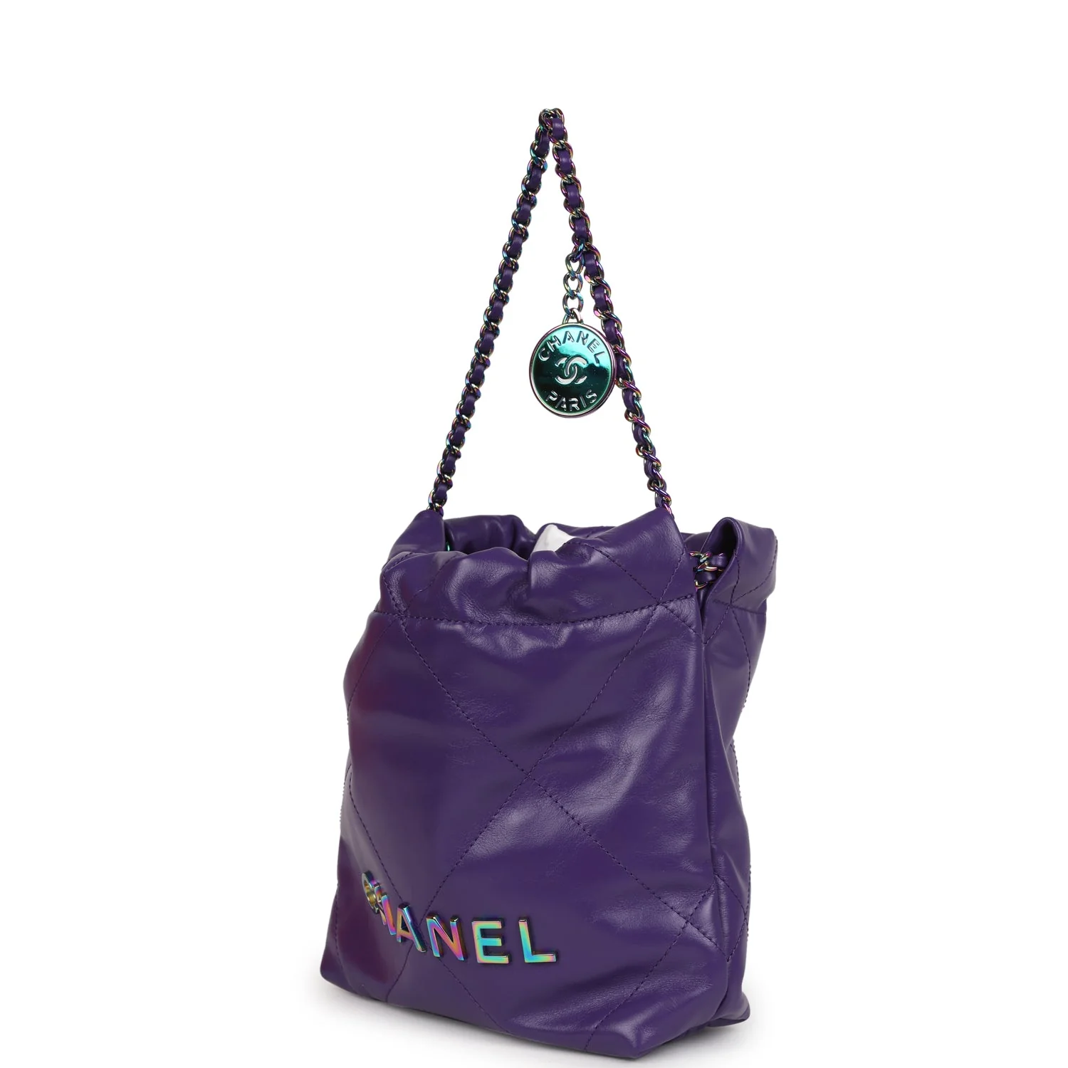 Chanel Mini 22 Bag Dark Purple Lambskin Rainbow Hardware
