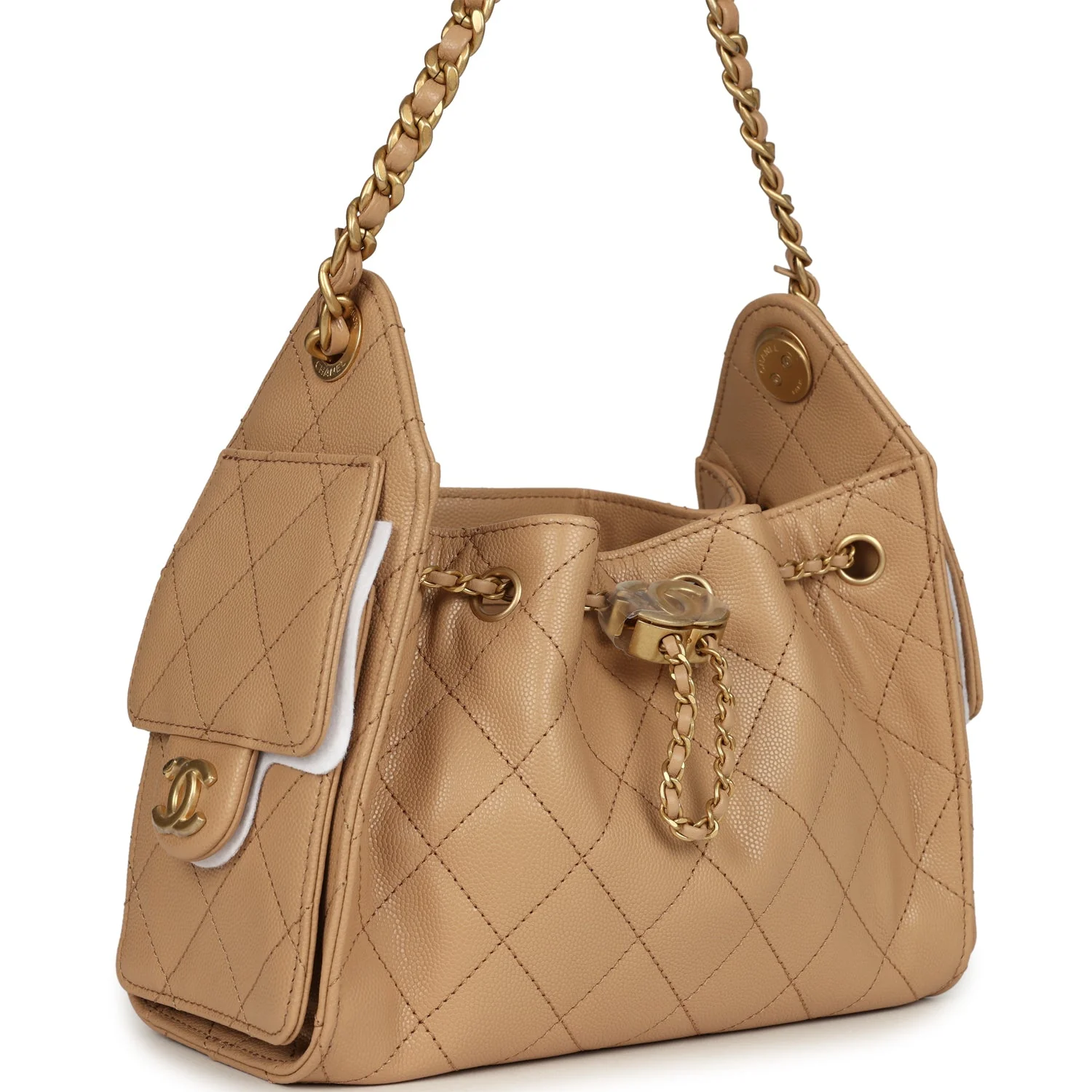 Chanel Mini 25 Hobo Bag Beige Caviar Antique Gold Hardware