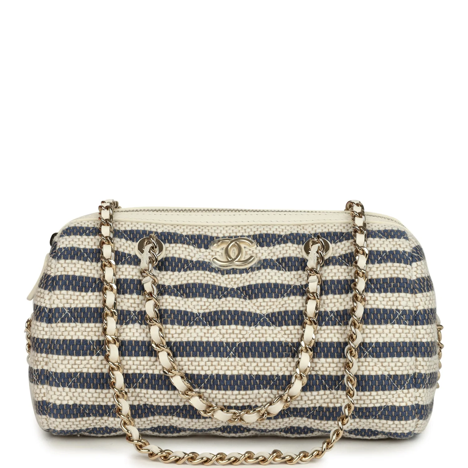 Chanel Mini Timeless Classic Barrel Bag with Chain Light Beige and Dark Blue Striped Woven Fabric Light Gold Hardware