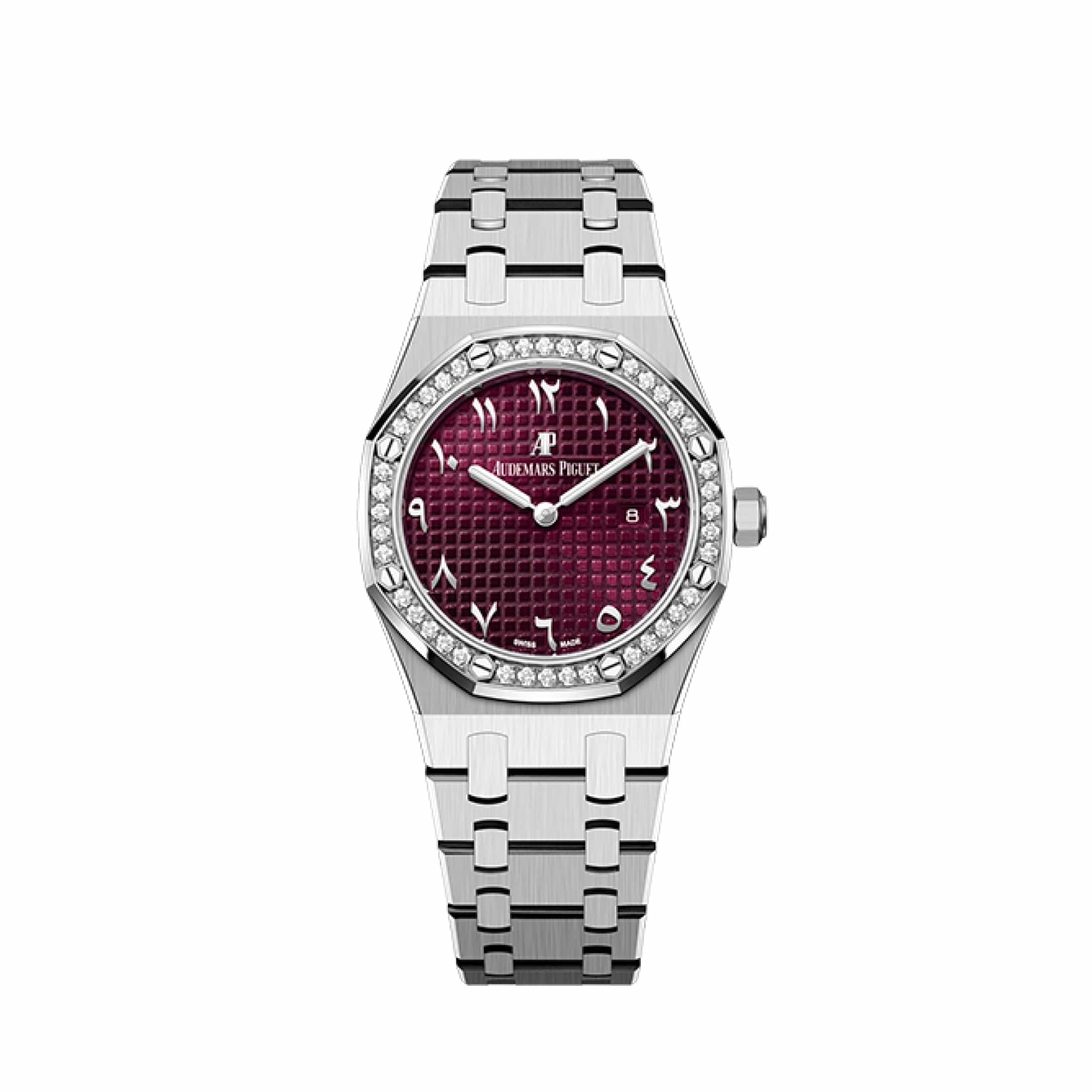 Audemars Piguet Royal Oak Quartz 67651BC.ZZ.1261BC.01 'Ladies' 'Special Edition' White Gold Burgundy Dial Diamond Bezel