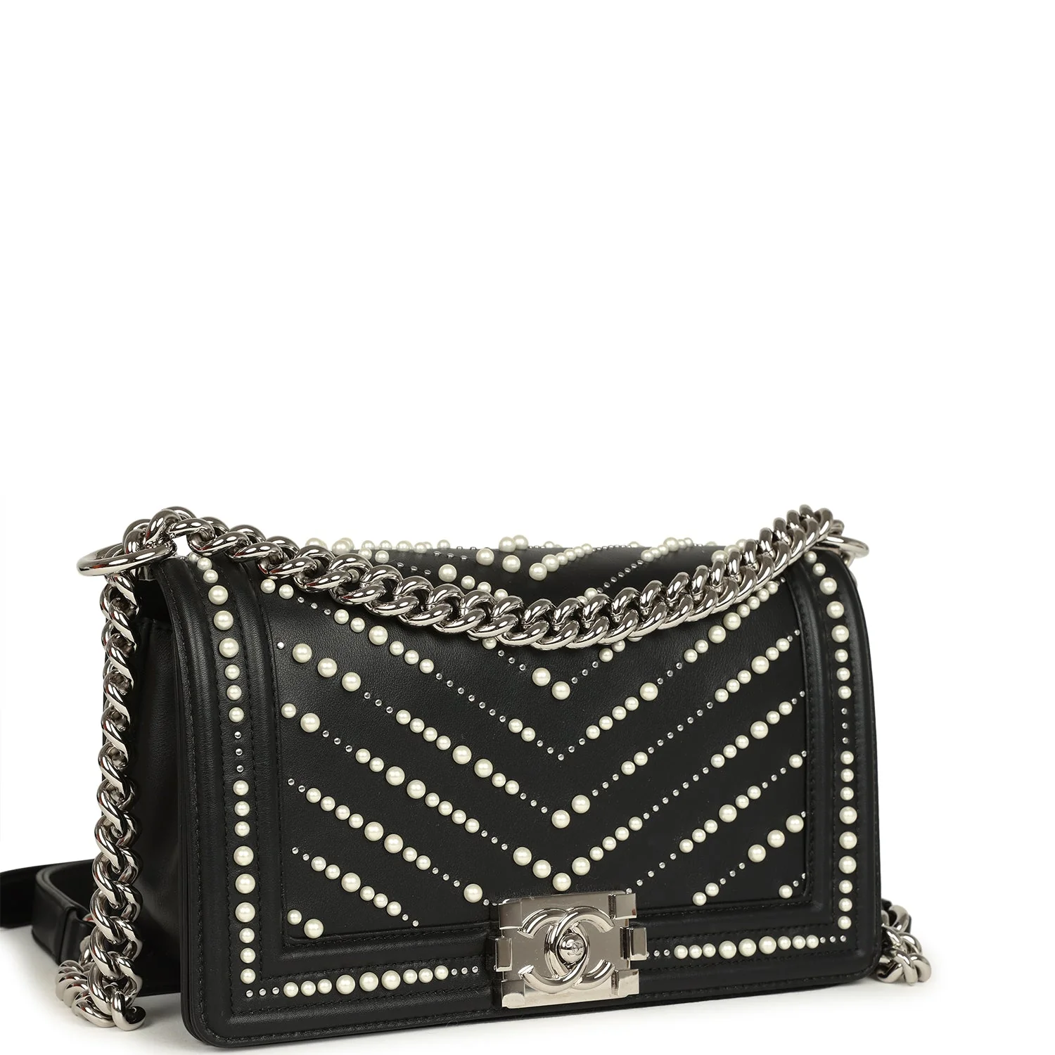 Chanel Medium Boy Bag Black Pearl Chevron Calfskin Silver Hardware
