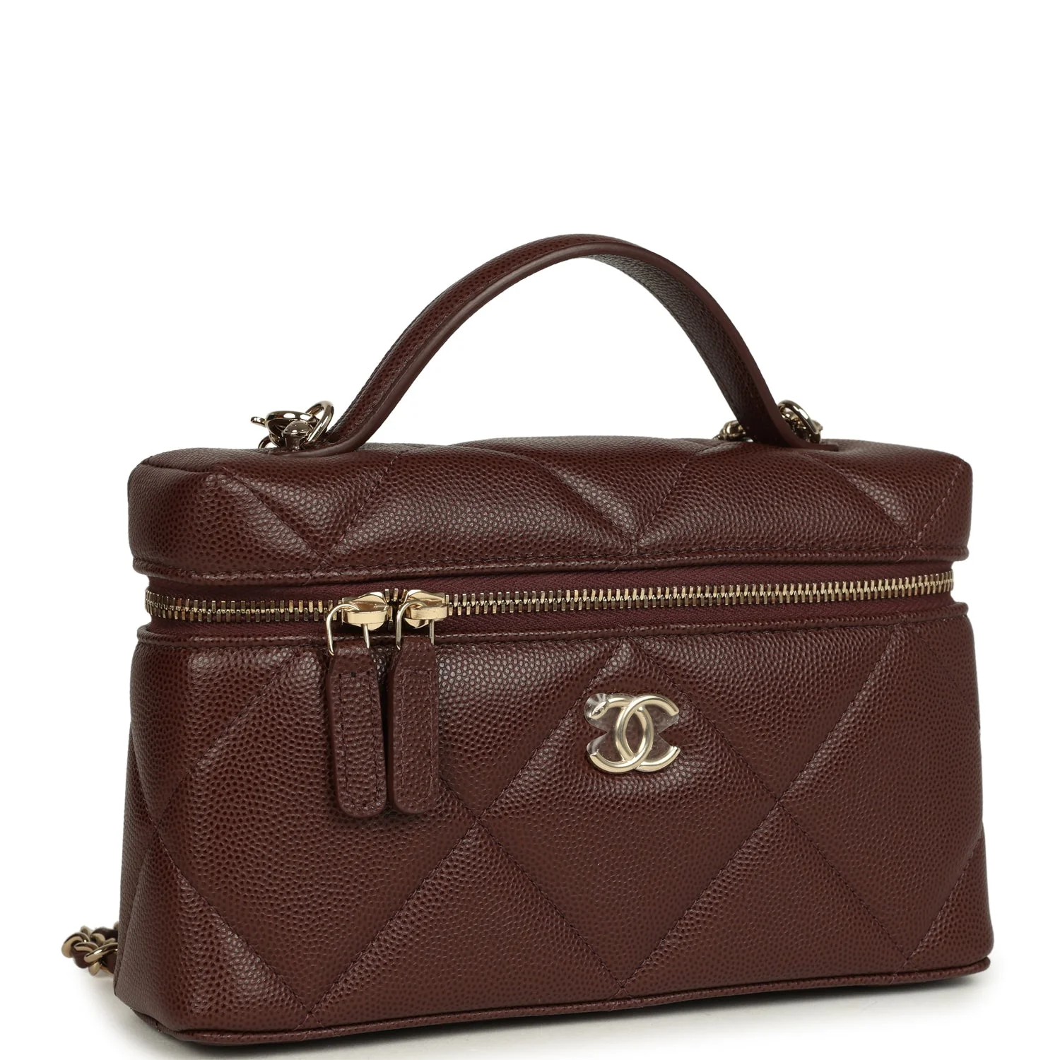 Chanel Top Handle Slim Vanity Case with Chain Dark Brown Shiny Caviar Light Gold Hardware
