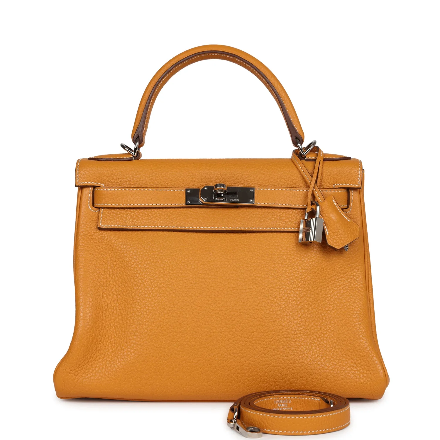Pre-owned Hermes Kelly Retourne 28 Moutarde Clemence Palladium Hardware