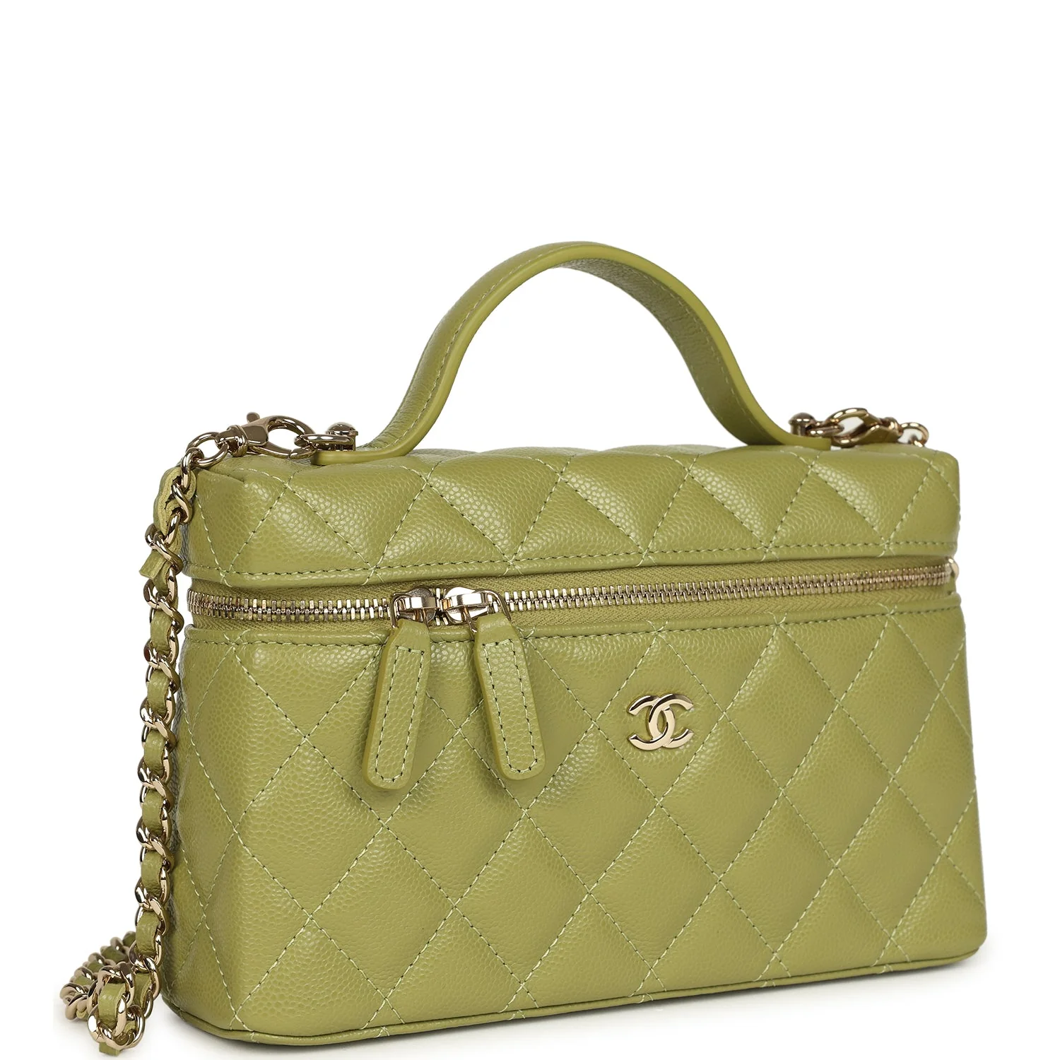 Chanel Top Handle Long Vanity Case with Chain Khaki Shiny Caviar Light Gold Hardware