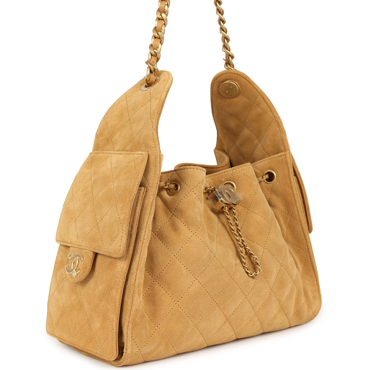 Chanel Small 25 Hobo Bag Tan Suede Antique Gold Hardware
