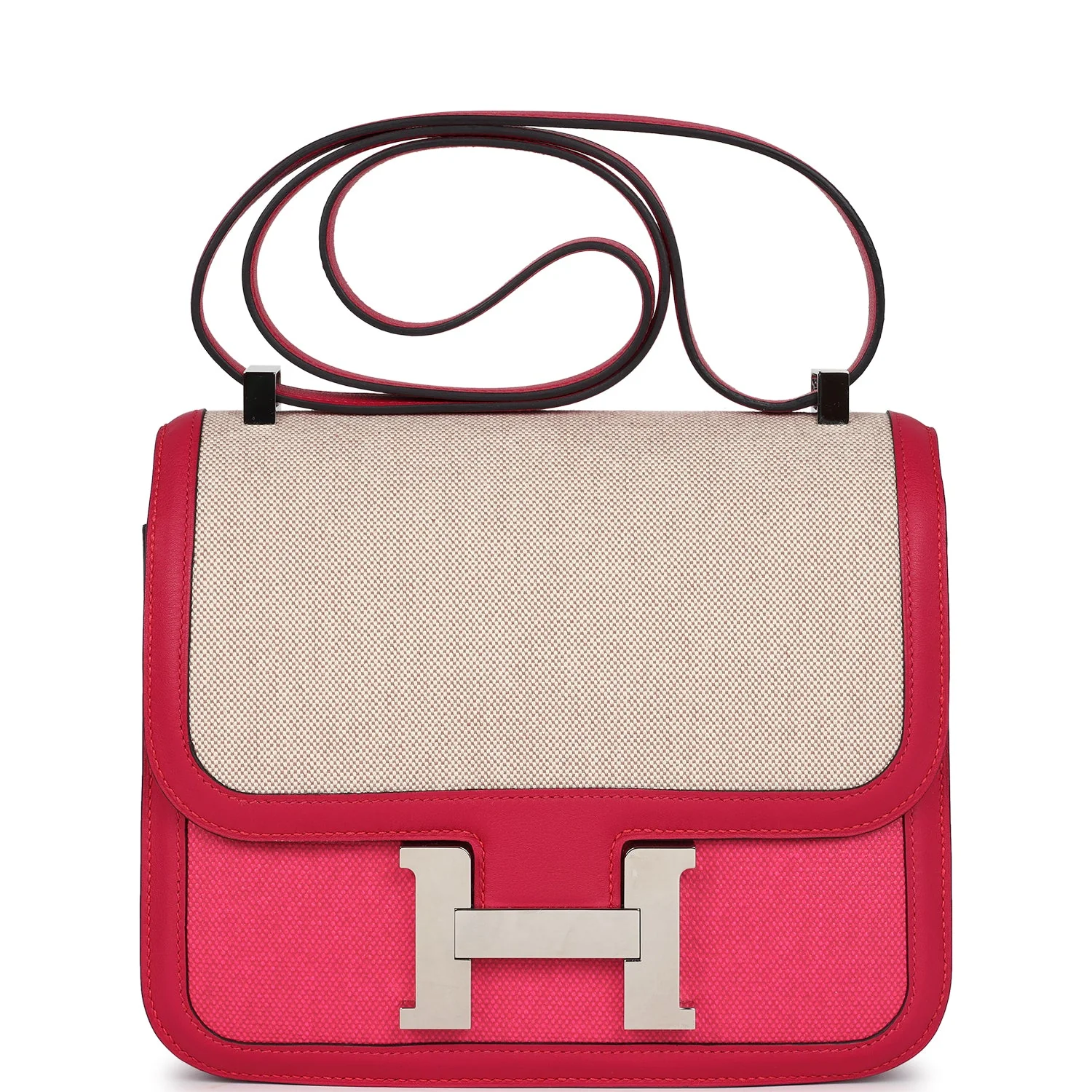 Pre-owned Hermes Constance 24 Rose Shocking and Ecru Toile H Berline and Framboise Swift Palladium Hardware