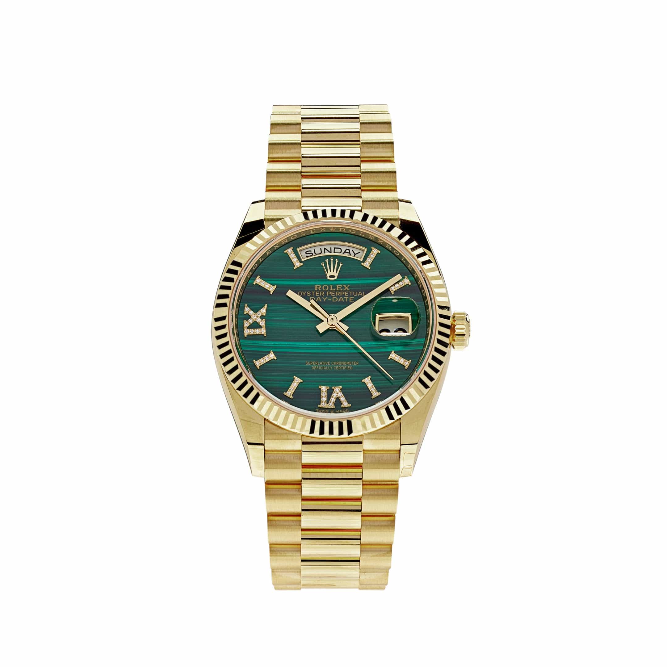 Rolex Day-Date 36 128238 Yellow Gold Green Malachite Roman Diamond Dial