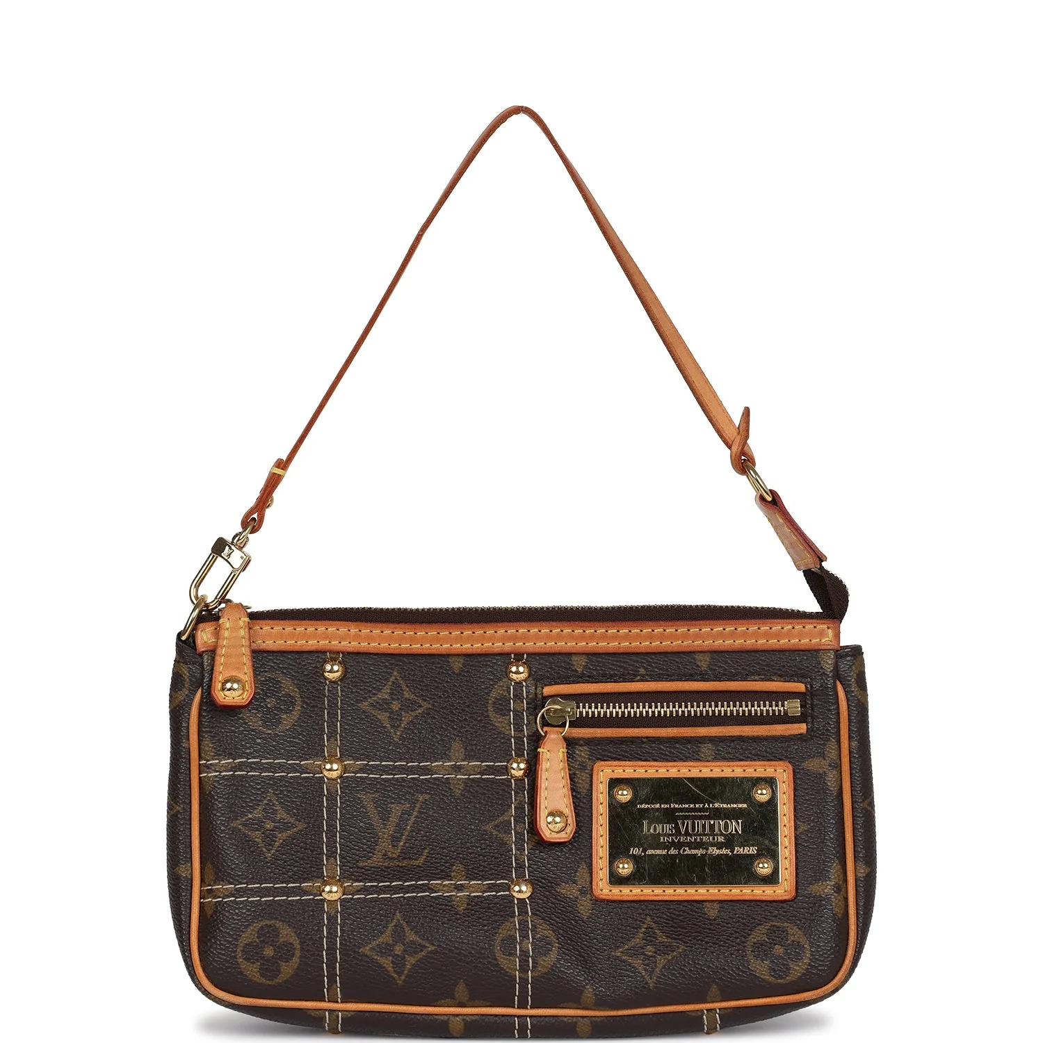 Vintage Louis Vuitton Pochette Accessories Brown Monogram Rivet Gold Hardware