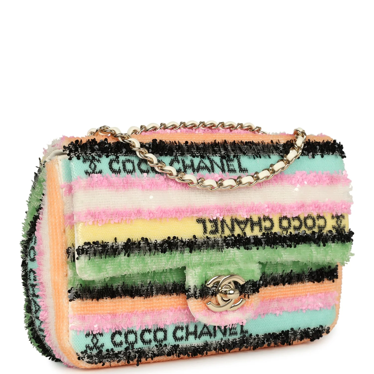 Chanel Mini Striped Coco Flap Bag Multicolor White Sequins Light Gold Hardware
