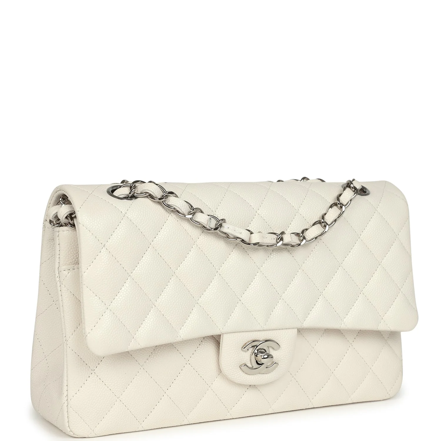 Pre-owned Chanel Medium Classic Double Flap White Shiny Caviar Silver Hardware