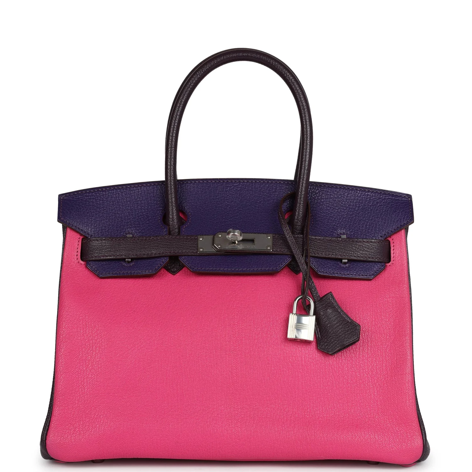 Pre-owned Hermes Special Order (HSS) Birkin 30 Tri-color Raisin, Ultraviolet and Rose Shocking Chevre Palladium Hardware