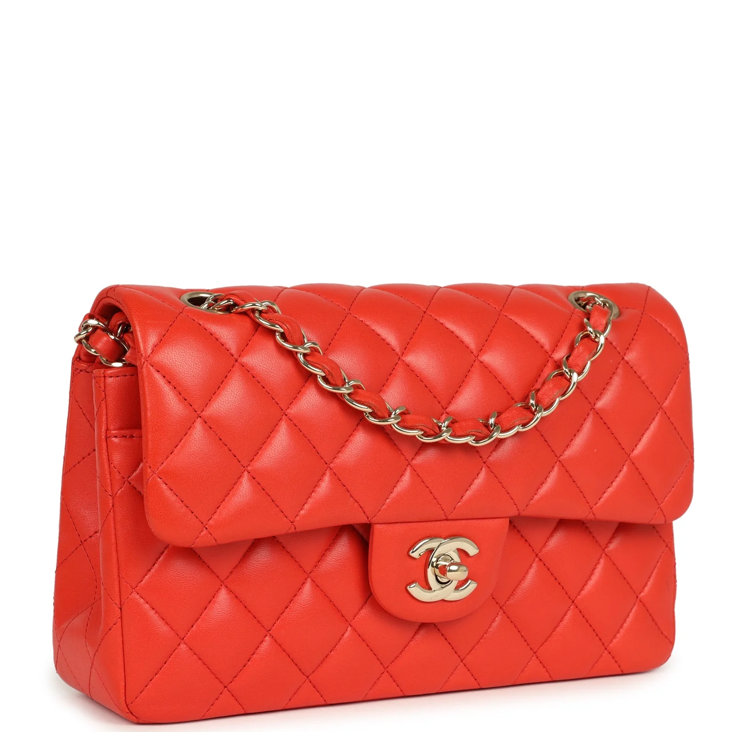 Pre-owned Chanel Small Classic Double Flap Bag Red Lambskin Light Gold Hardware