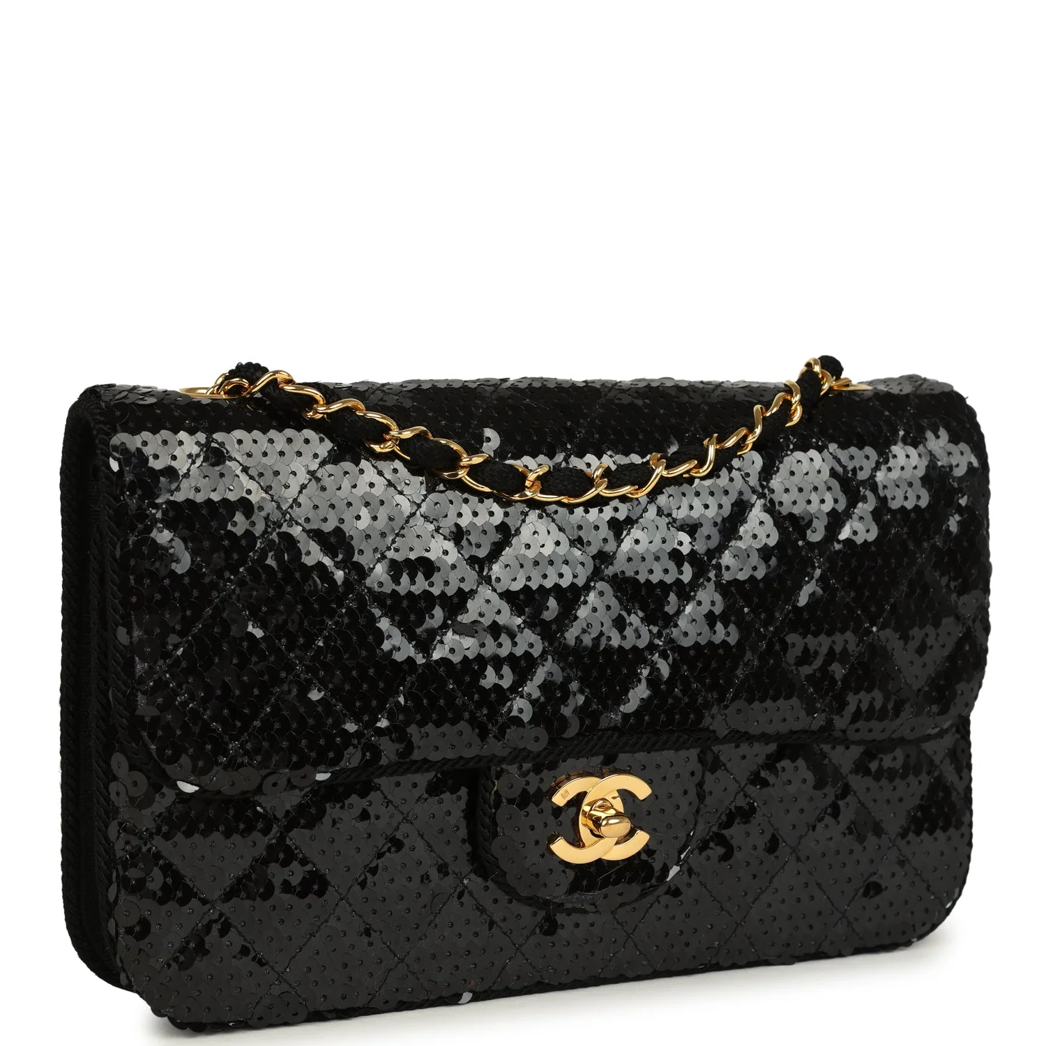 Vintage Chanel Small Flap Bag Black Sequin Gold Hardware