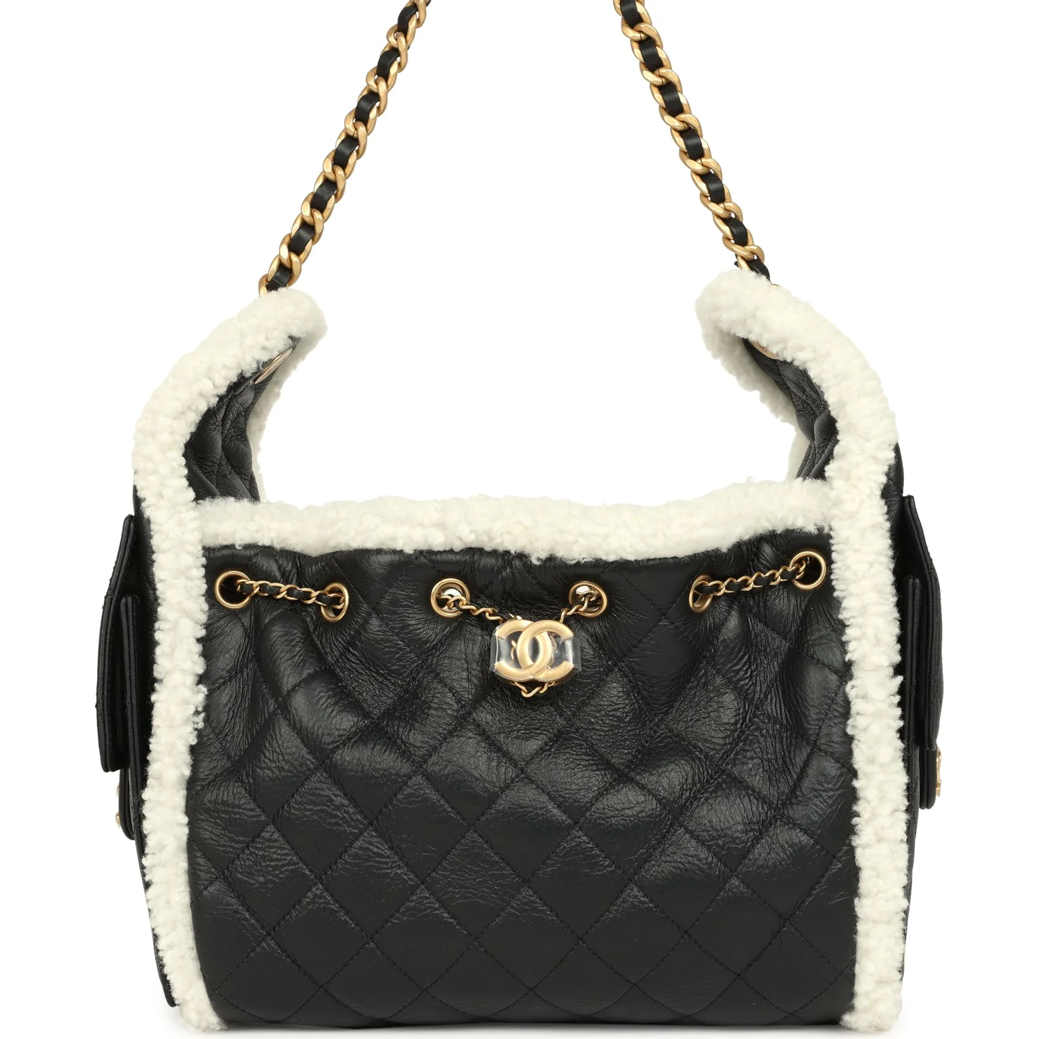 Chanel Small 25 Hobo Bag Black Crumpled Sheepskin and White Shearling Antique Gold Hardware