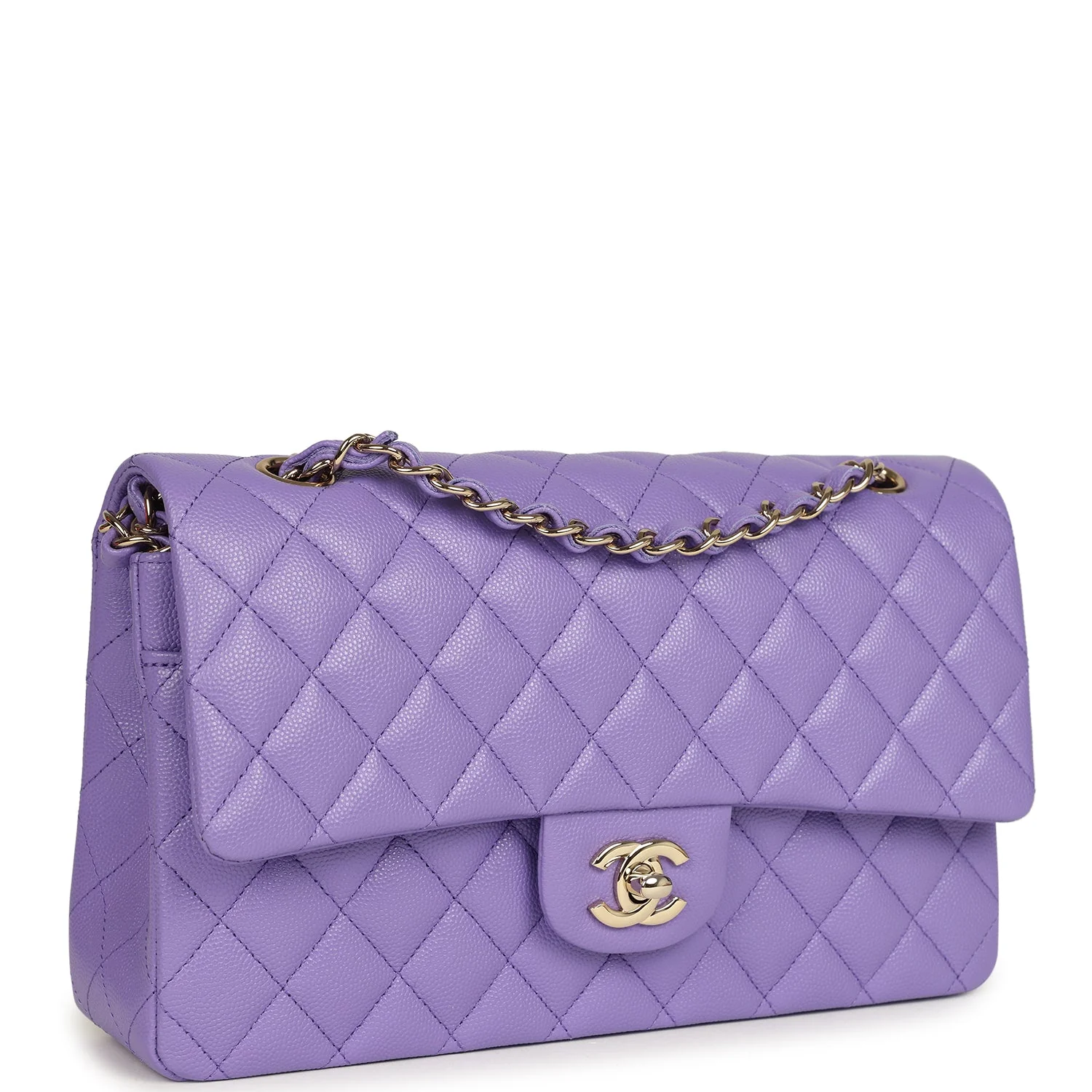 Chanel Medium Classic Double Flap Bag Purple Shiny Caviar Light Gold Hardware