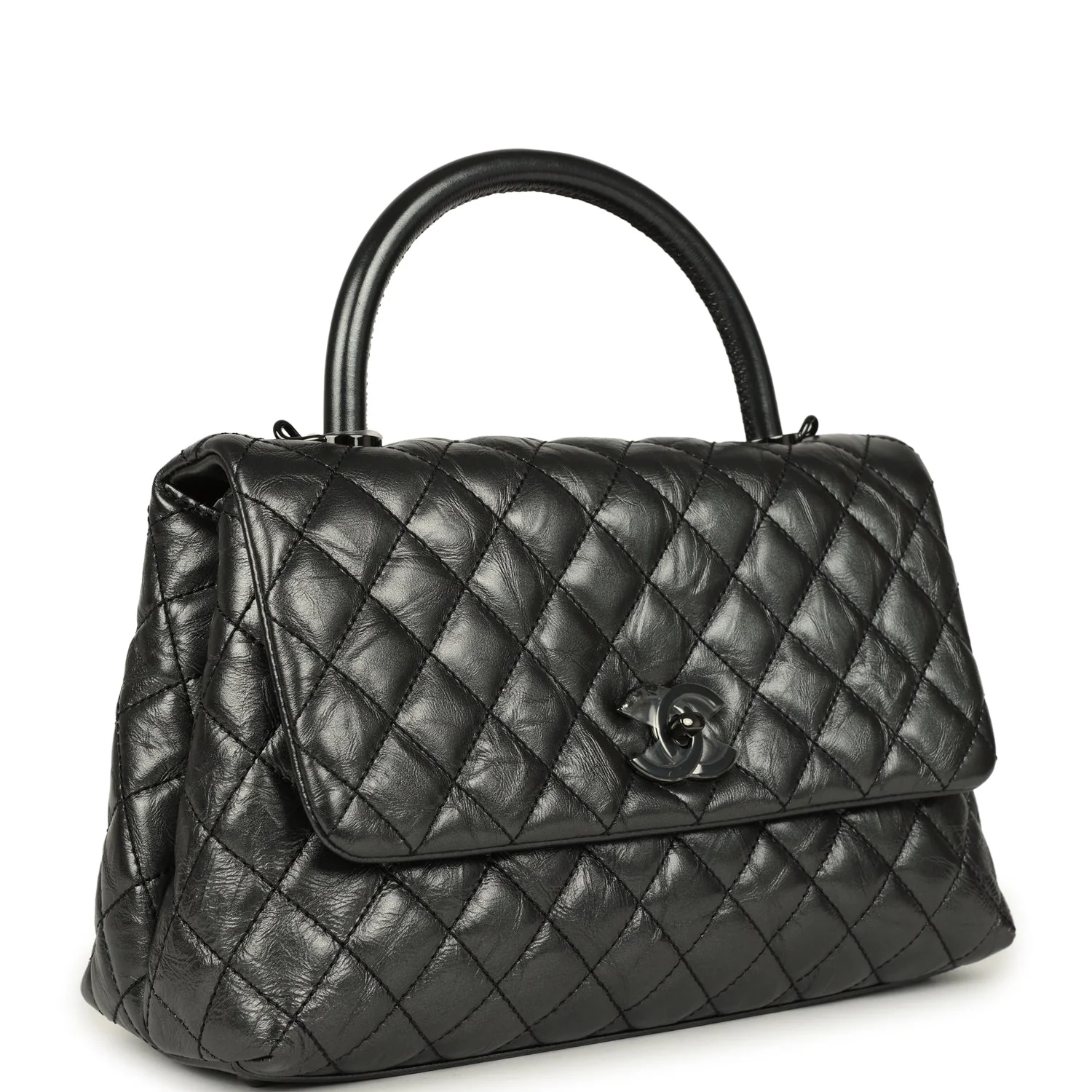 Chanel Medium Coco Top Handle Flap Bag Dark Grey Crumpled Calfskin Black Hardware