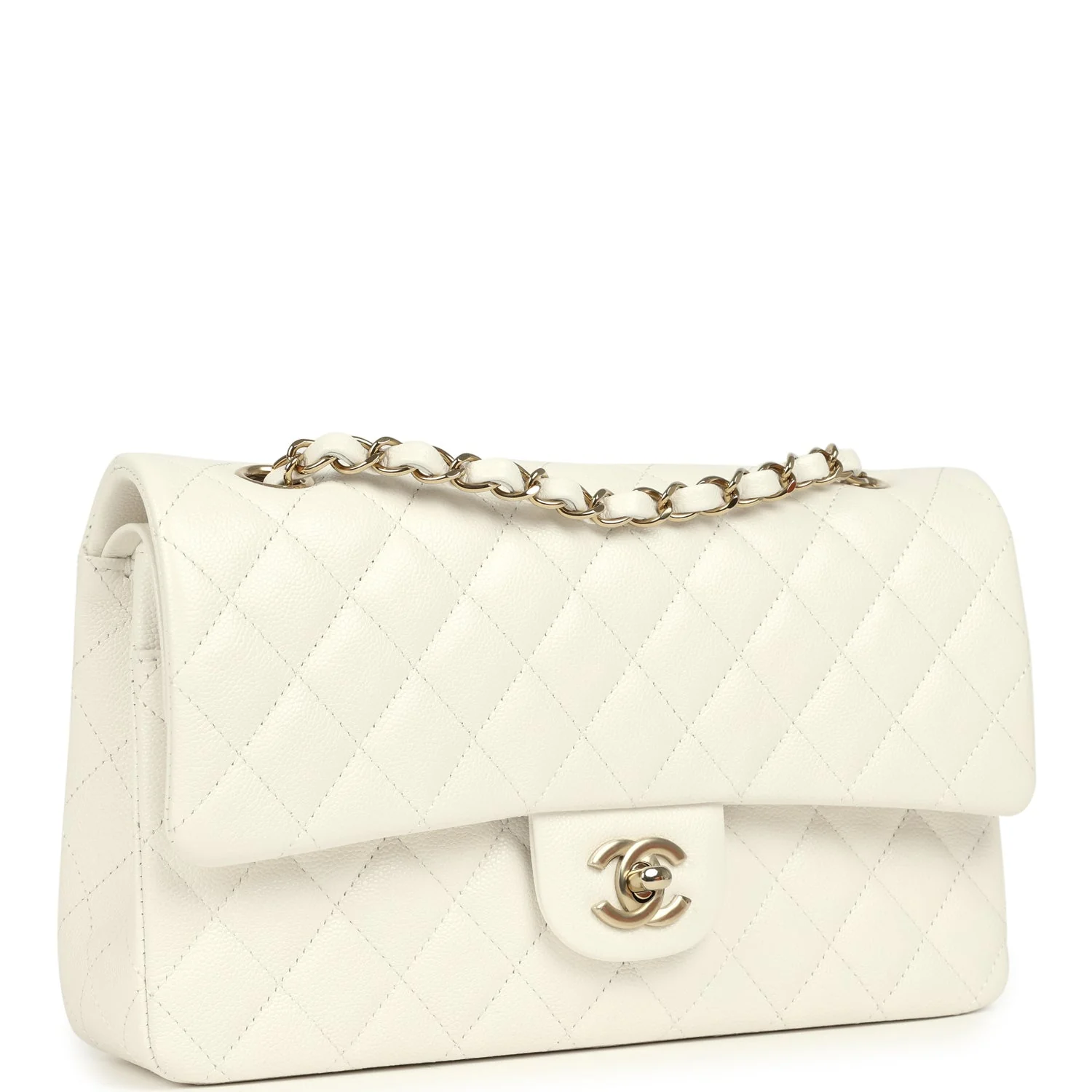 Chanel Medium Classic Double Flap White Caviar Light Gold Hardware