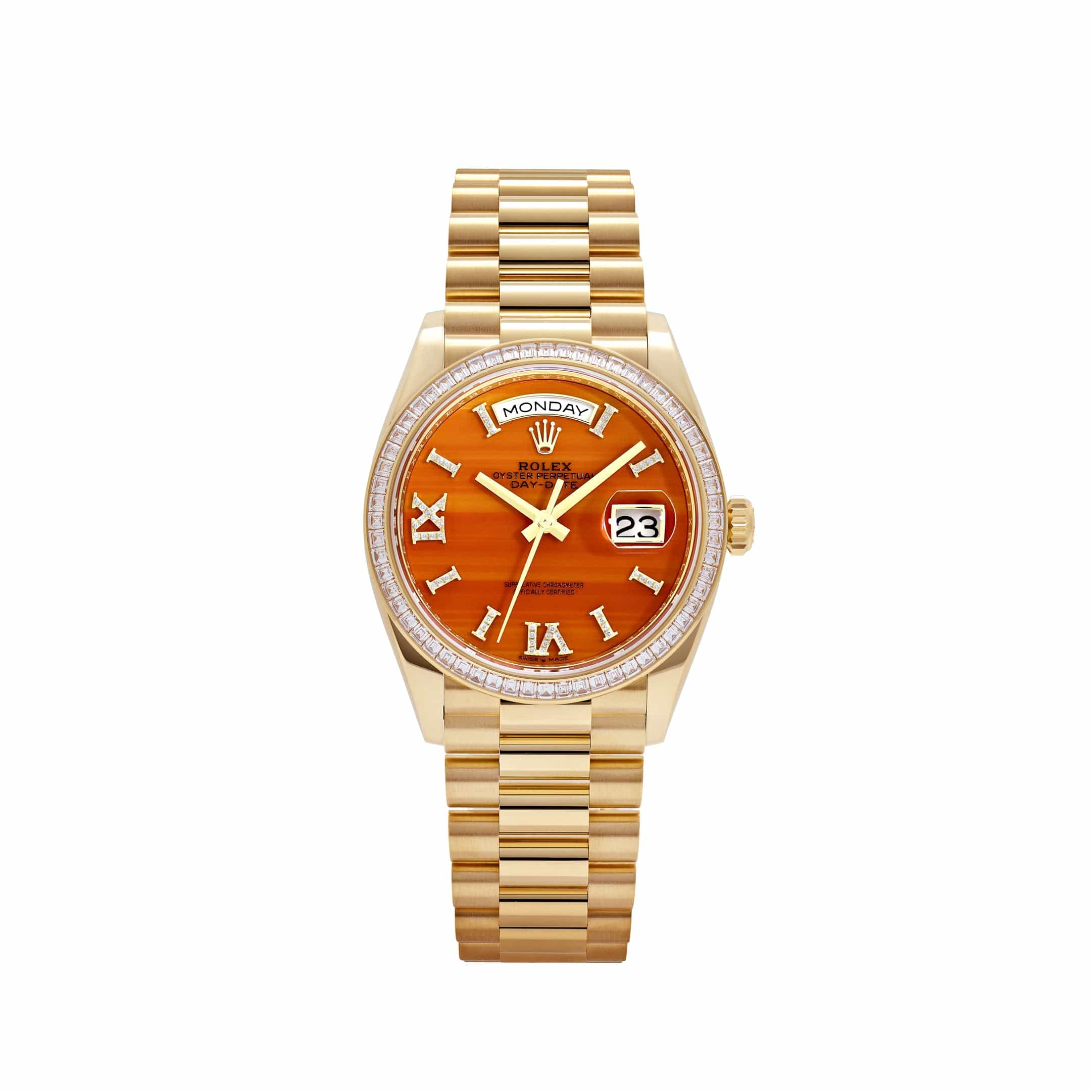 Rolex Day-Date 36 128398TBR Yellow Gold Carnelian Diamond Roman Numerals Dial Diamond Bezel