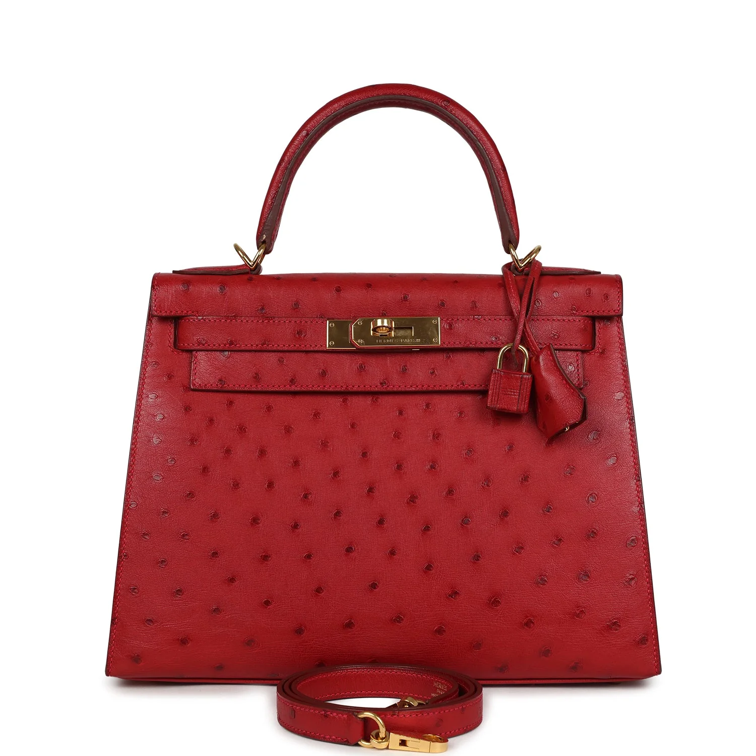 Pre-owned Hermes Kelly Sellier 28 Rouge Vif Ostrich Gold Hardware