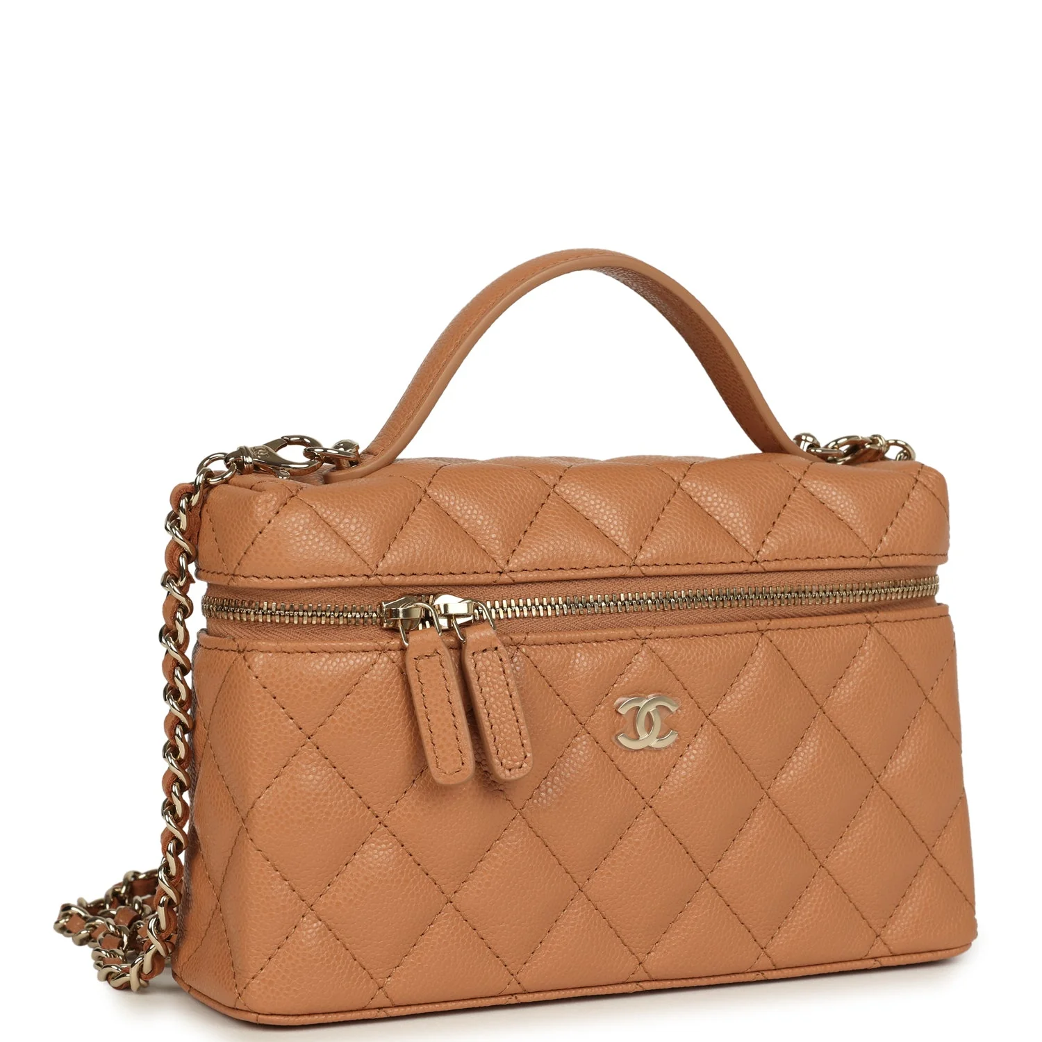 Chanel Top Handle Long Vanity Case with Chain Dark Beige Shiny Caviar Light Gold Hardware