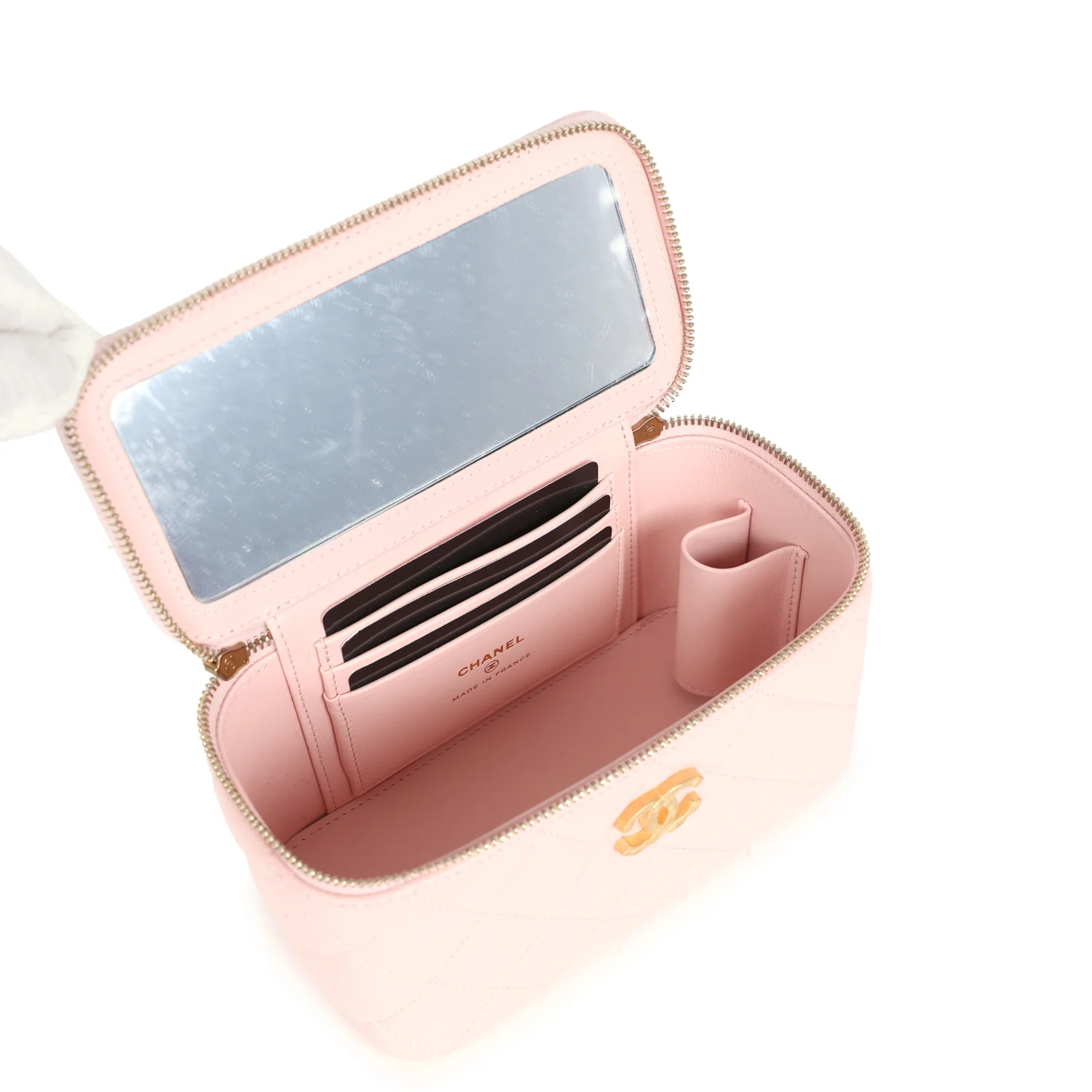 Chanel Small CC Vanity Case Light Pink Caviar Faux Pearls Brushed Gold Hardware