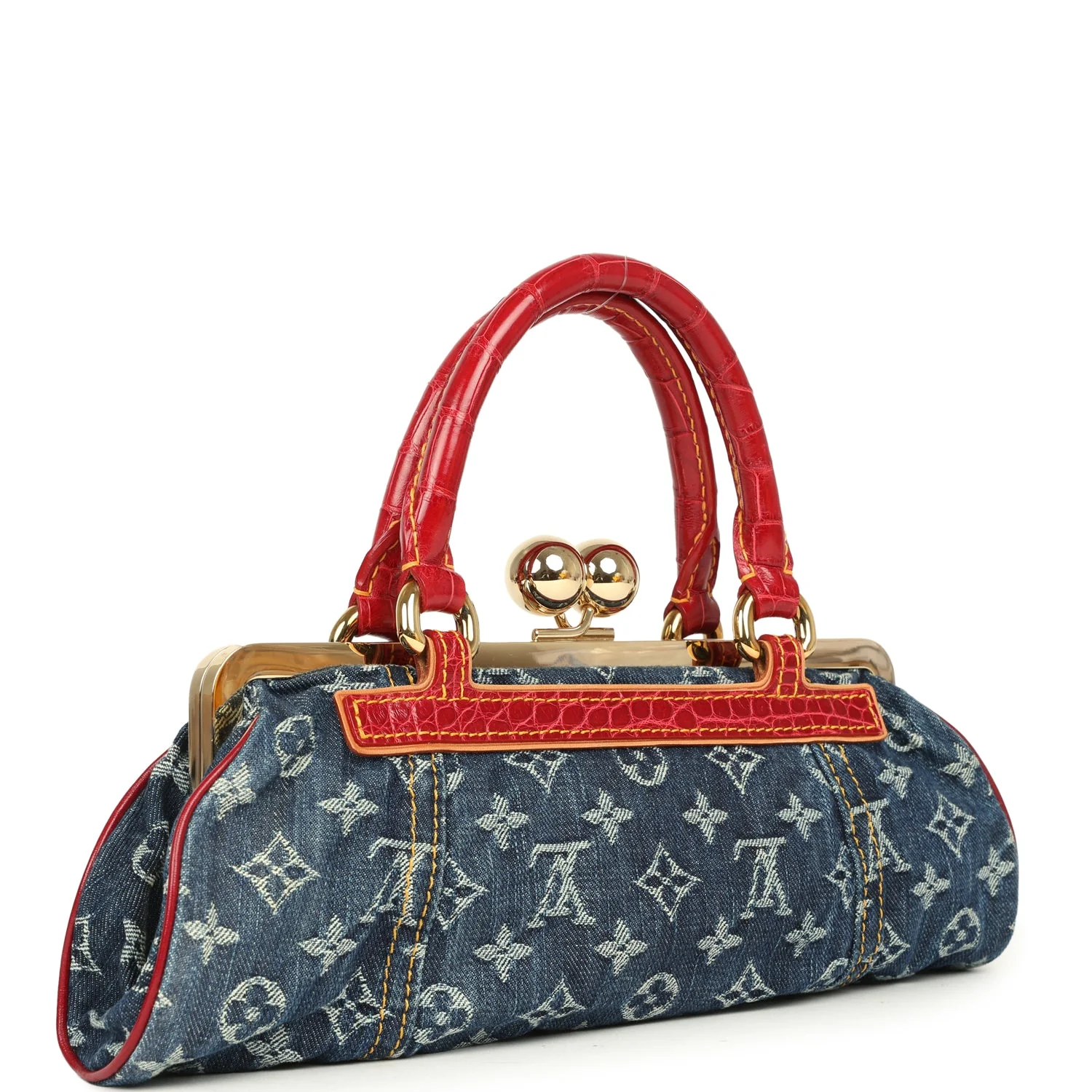 Vintage Louis Vuitton Sac Fermoir GM Bag Blue Monogram Denim and Red Alligator Gold Hardware