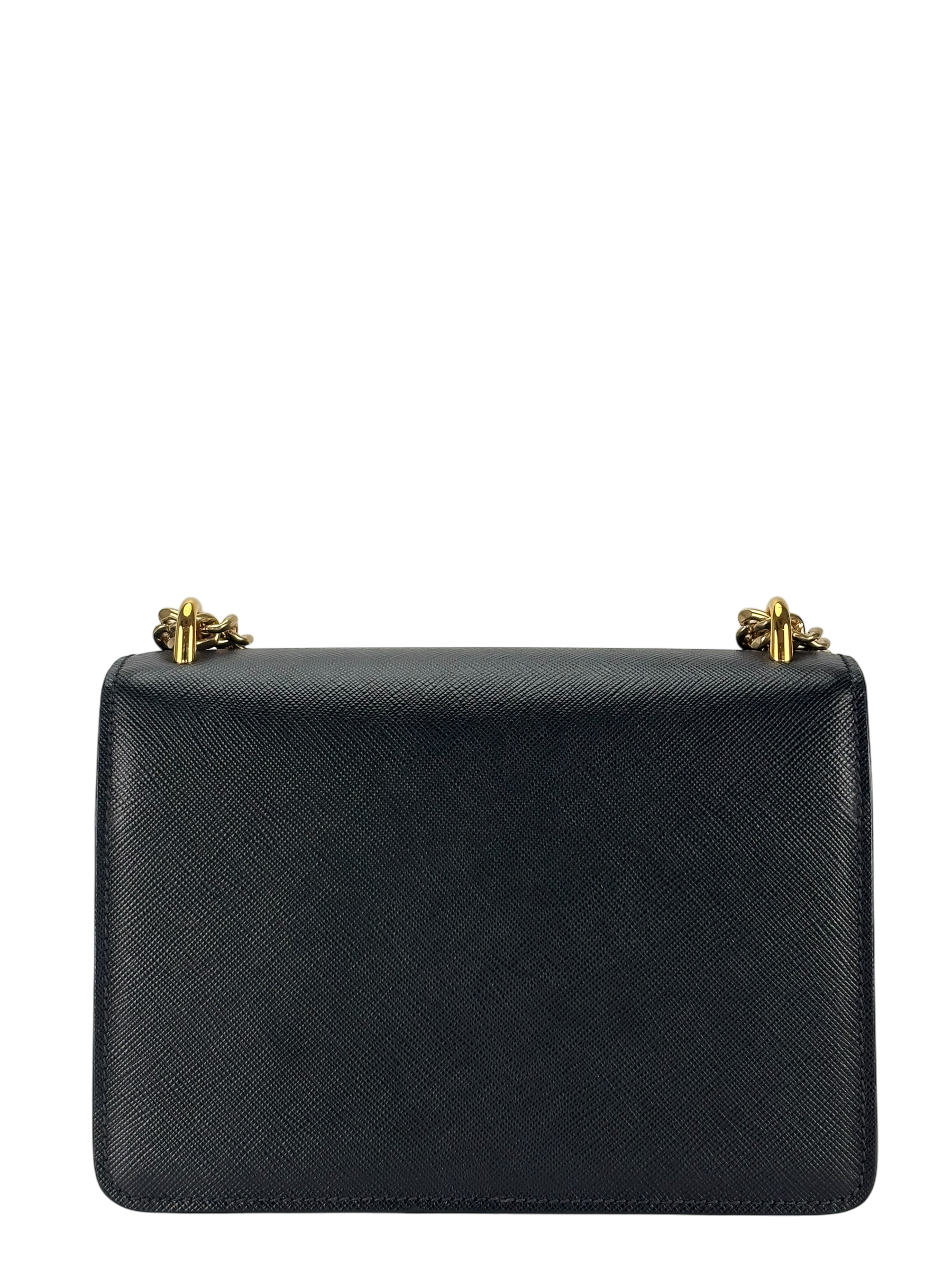 PRADA - Saffiano Soft Calfskin Metal Triangle Logo Envelope Chain Shoulder Bag Black