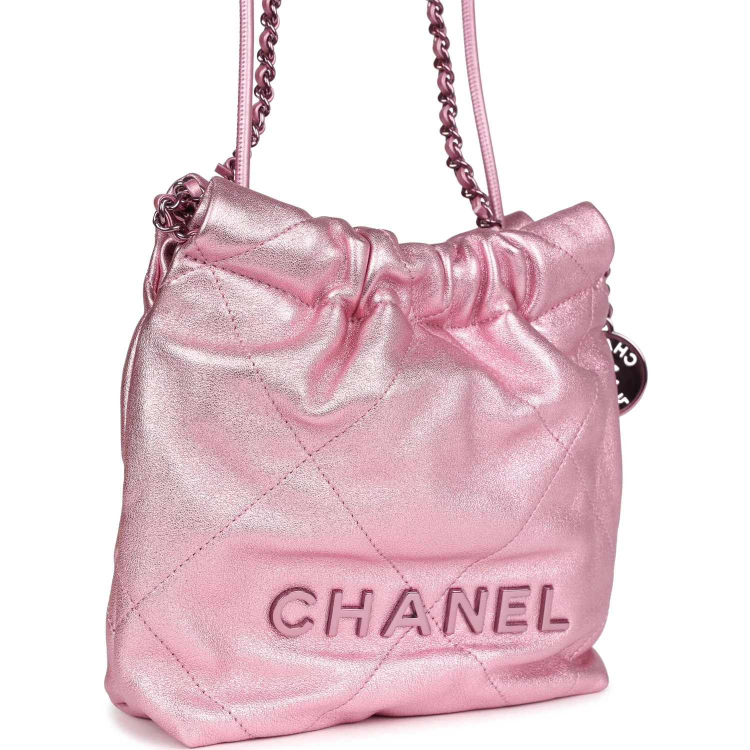 Chanel Mini 22 Bag Pink Metallic Lambskin Lacquered Metal Hardware