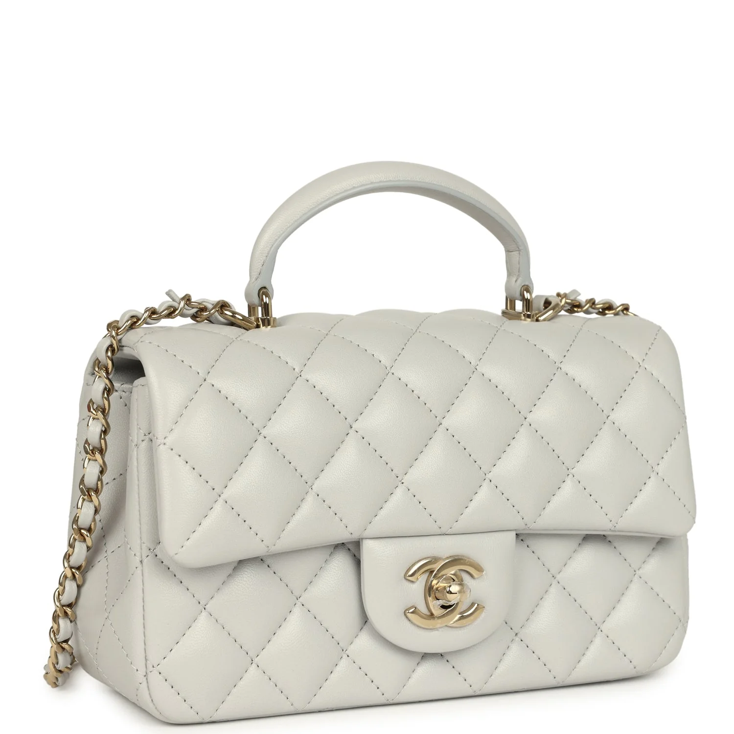 Chanel Mini Rectangular Flap Bag with Top Handle Light Grey Lambskin Light Gold Hardware