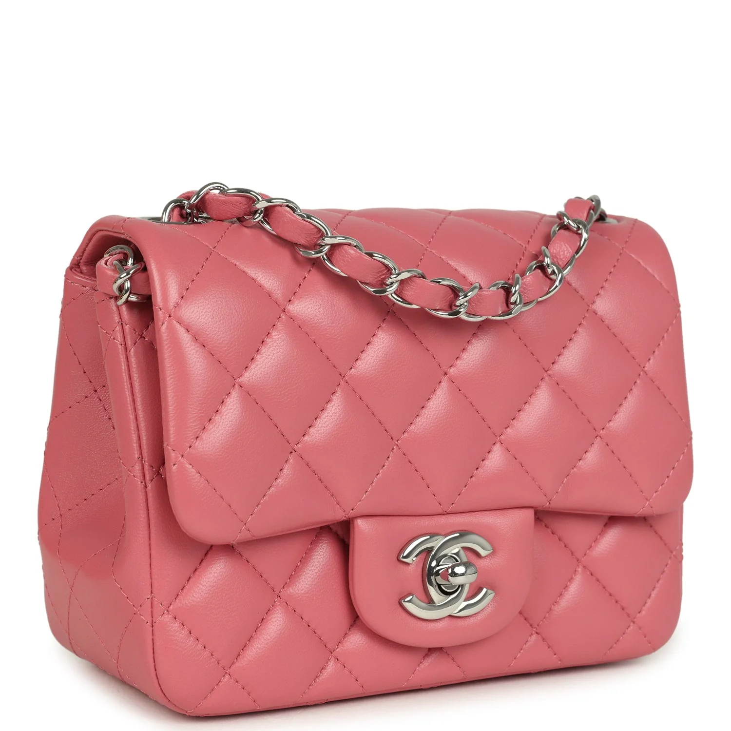 Chanel Mini Classic Square Flap Bag Pink Lambskin Silver Hardware