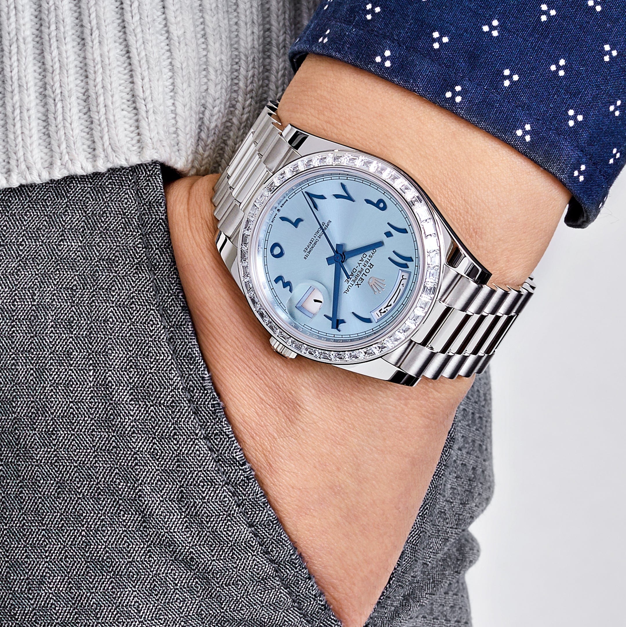 Rolex Day-Date 40 228396TBR Platinum Ice Blue Arabic Dial Diamond Bezel