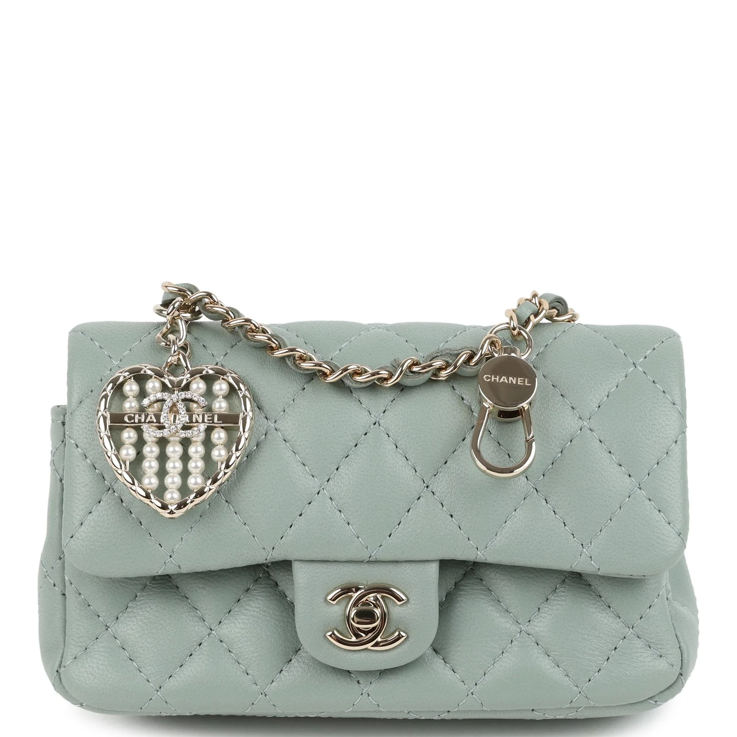 Chanel Nano Classic Double Flap Bag Charm Dark Green Lambskin Light Gold Hardware