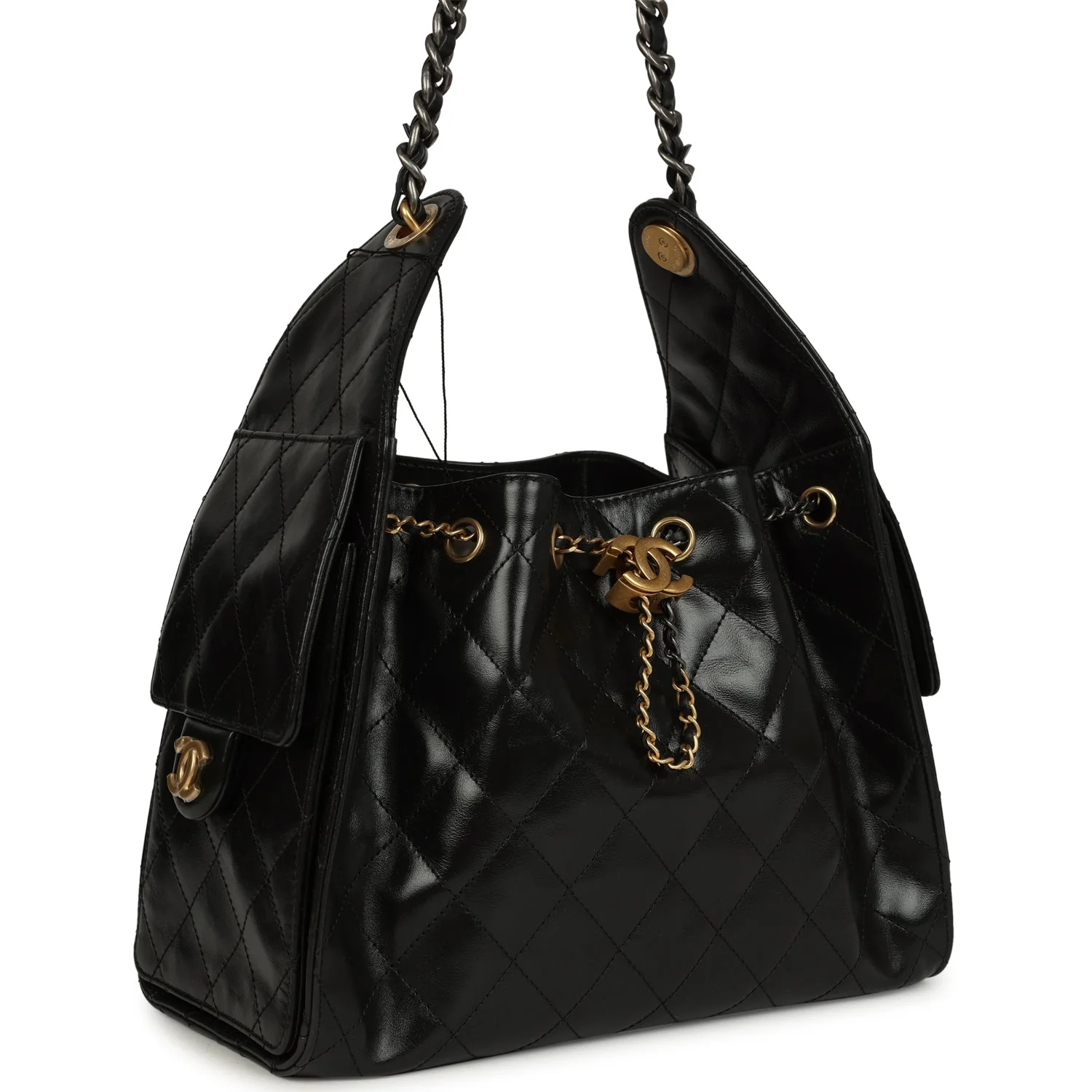 Chanel Small 25 Hobo Bag Black Shiny Crumpled Calfskin Mixed Metal Hardware