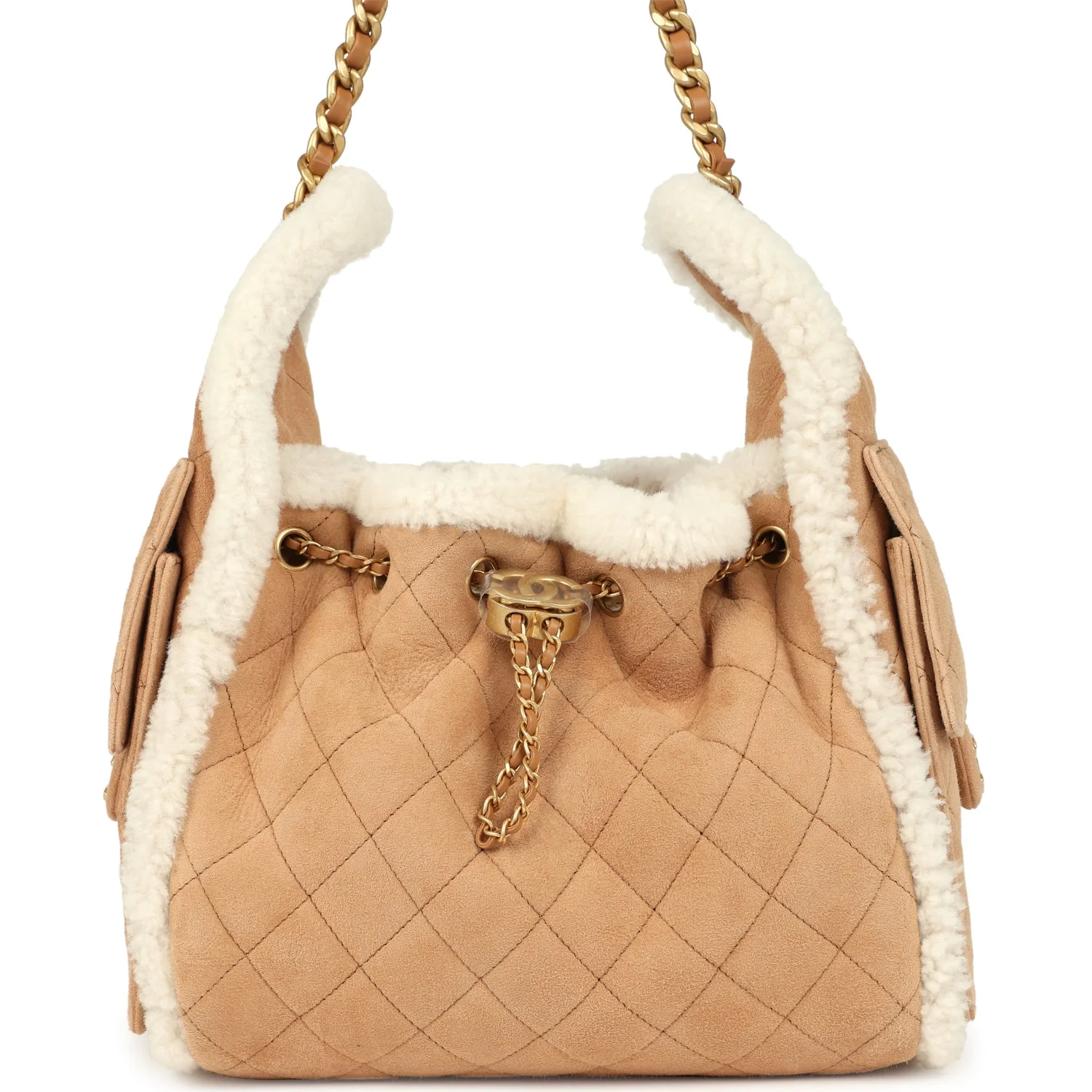 Chanel Small 25 Hobo Bag Beige Suede and White Shearling Antique Gold Hardware