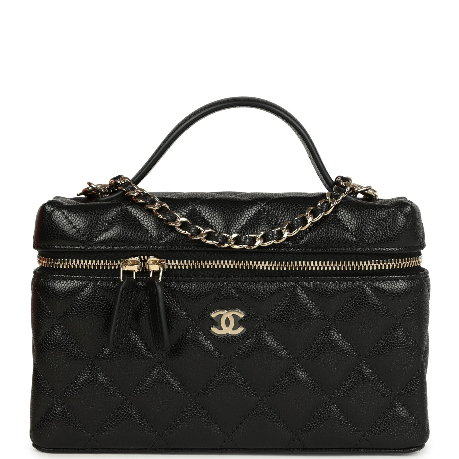 Chanel Top Handle Long Vanity Case with Chain Black Shiny Caviar Light Gold Hardware