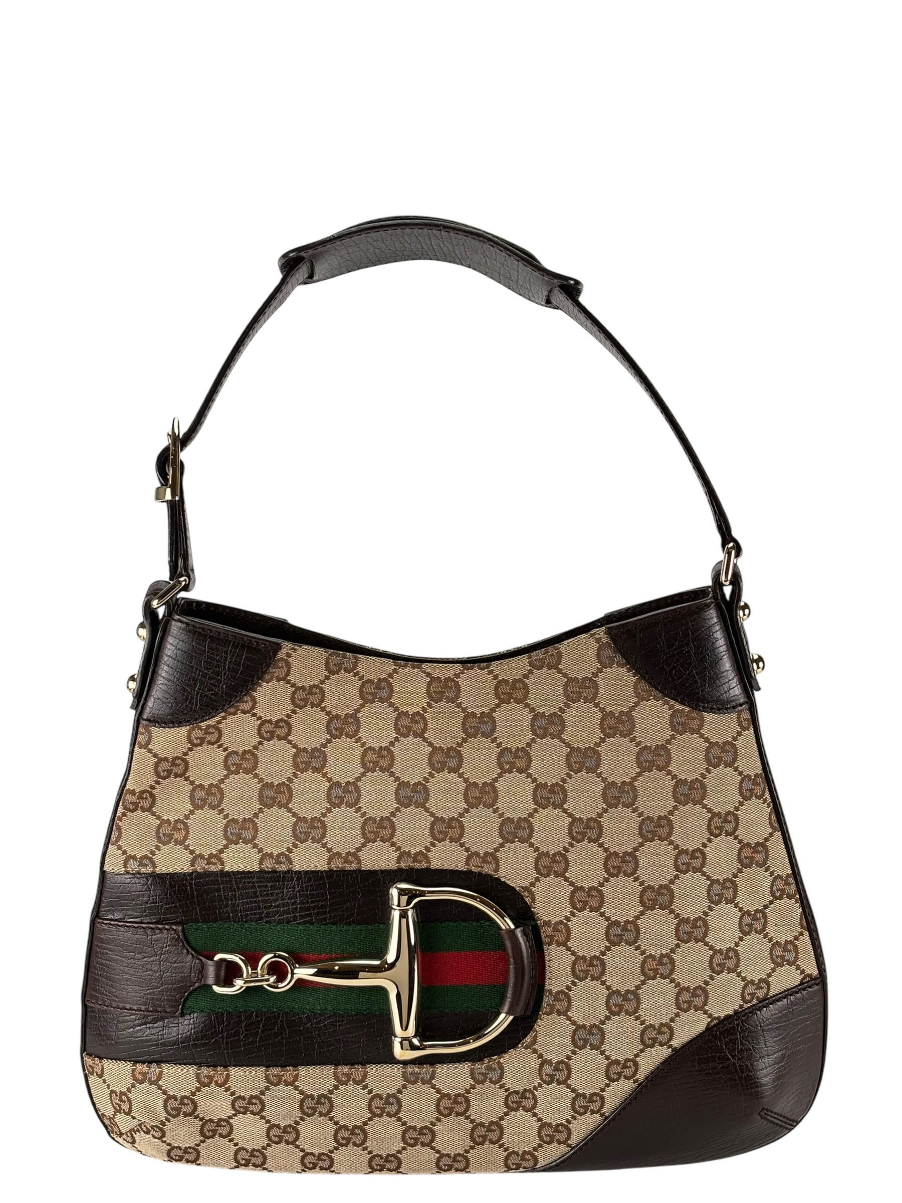 GUCCI -  Brown Leather Canvas GG Pattern Horsebit One Shoulder Bag