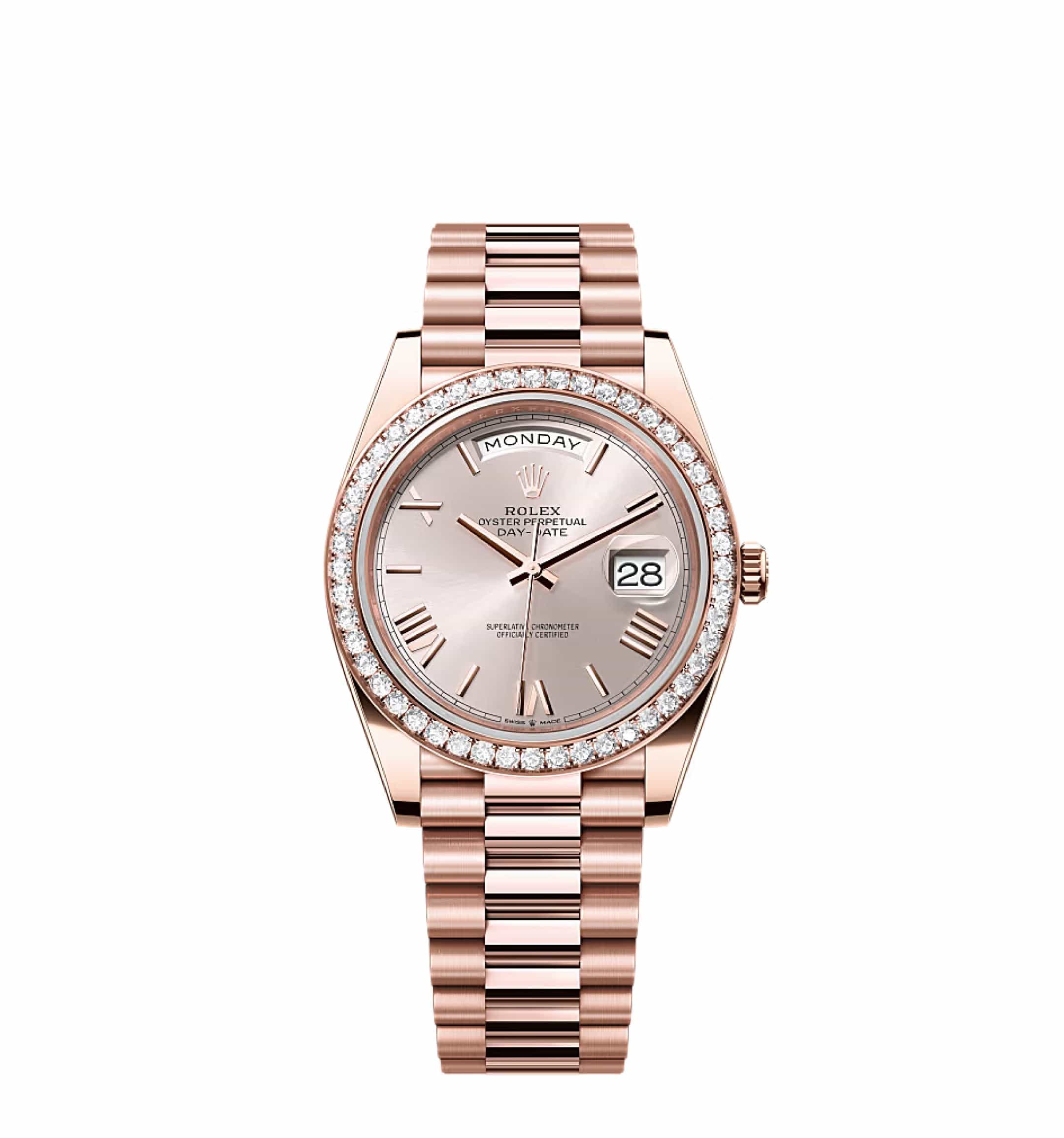 Rolex Day-Date 40 228235 Rose Gold Sundust Roman Dial Diamond Bezel