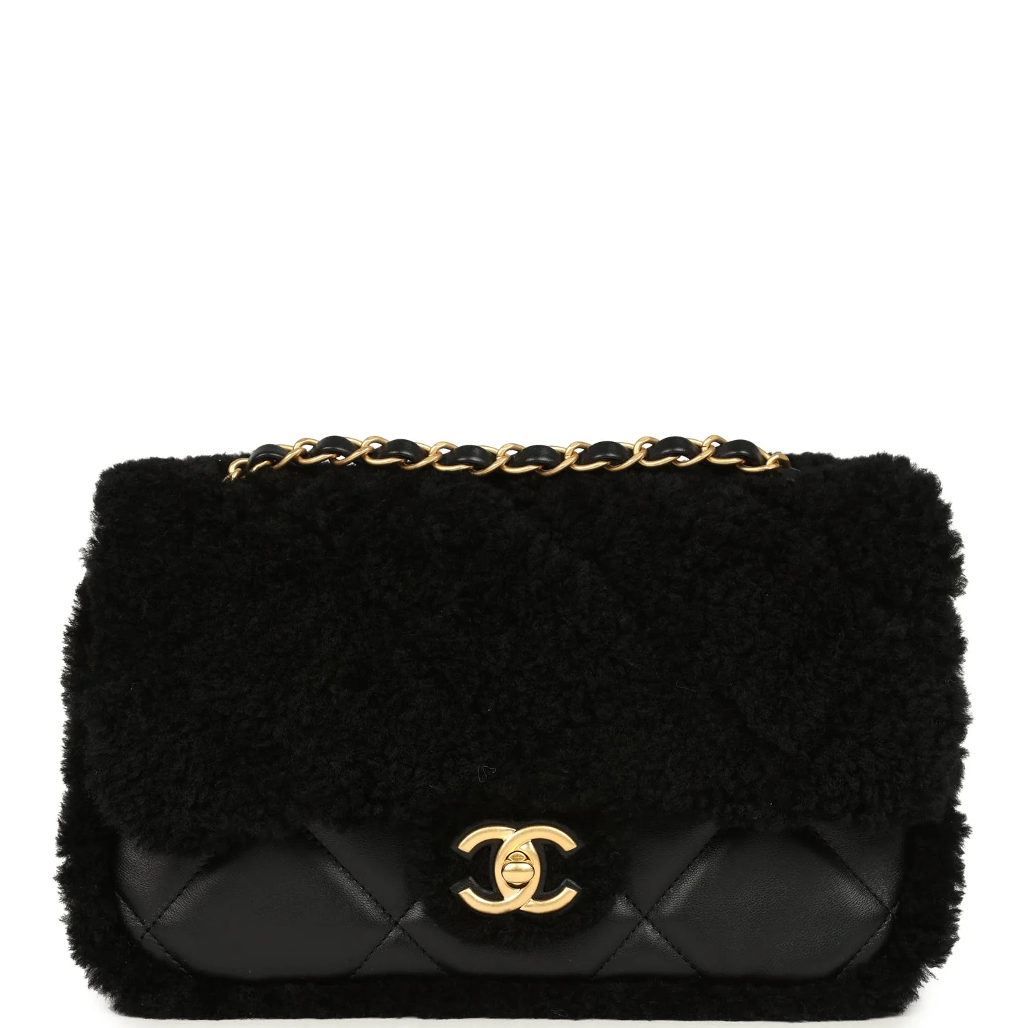 Chanel Medium Shearling Flap Bag Black Lambskin Brushed Gold Hardware