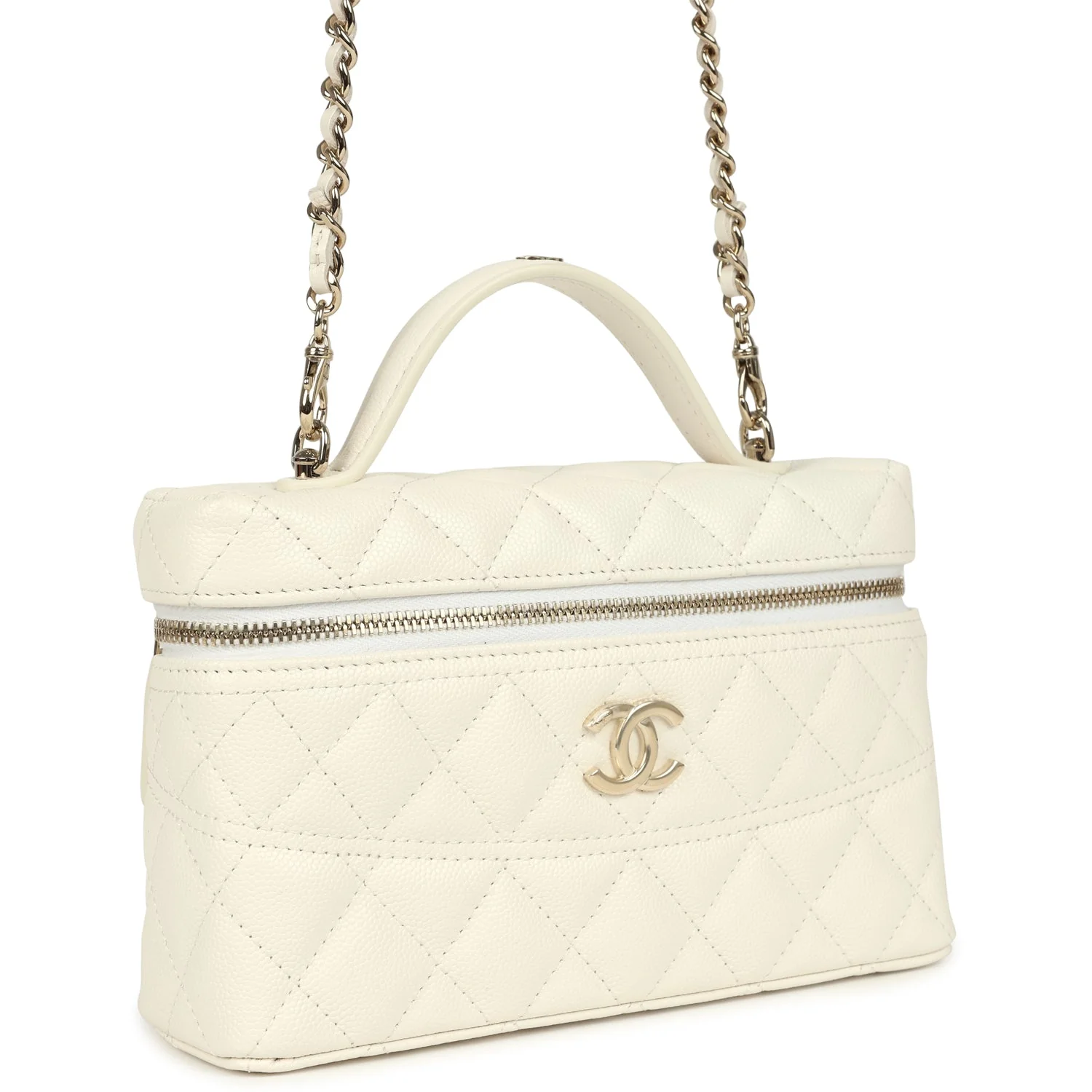 Chanel Trendy Top Handle Long Vanity Case with Chain White Caviar Light Gold Hardware