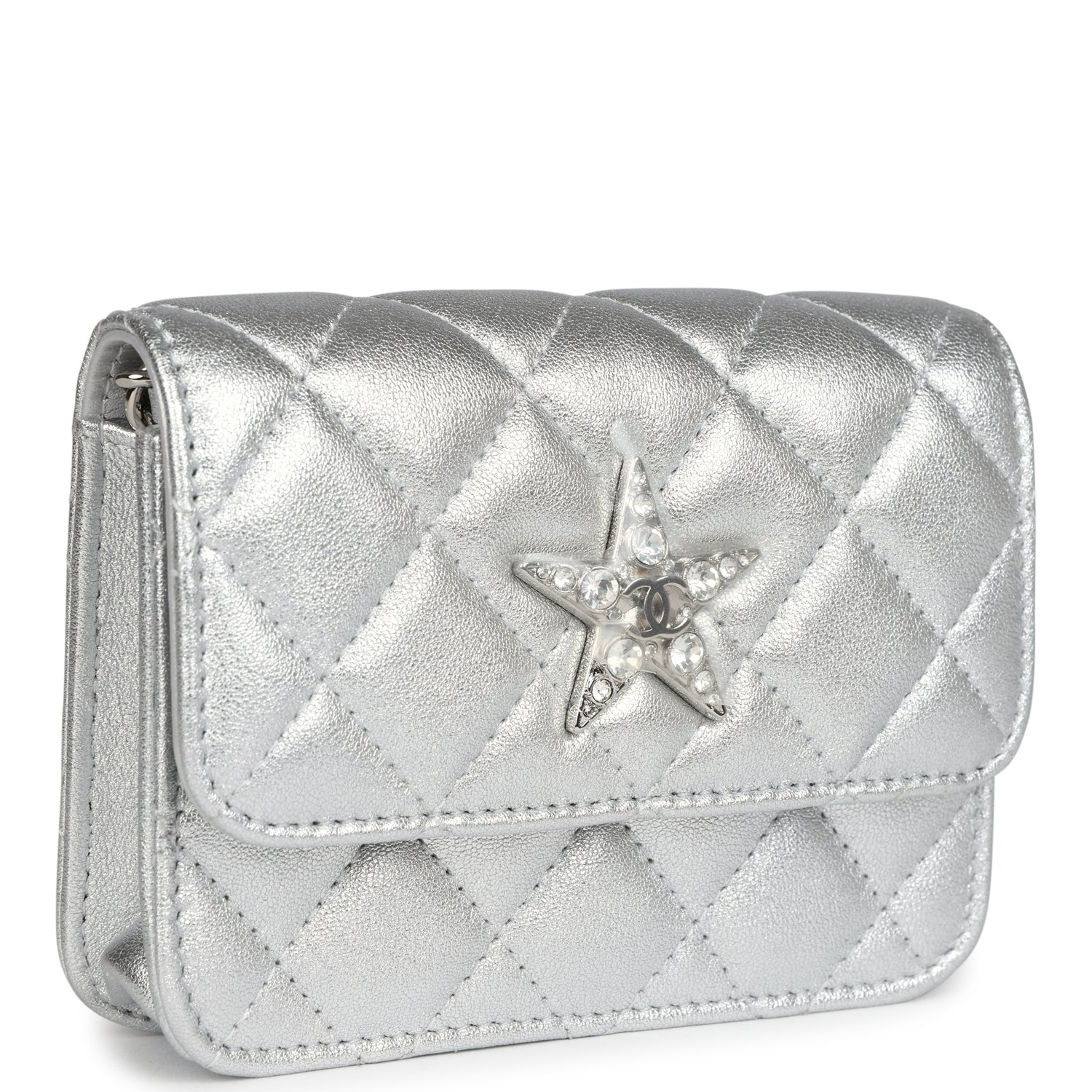 Chanel Crystal CC Walk Of Fame Clutch on Chain Silver Metallic Goatskin Silver Hardware