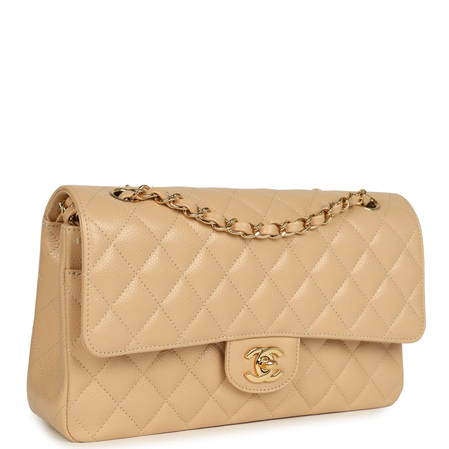 Pre-owned Chanel Medium Classic Double Flap Beige Caviar Gold Hardware